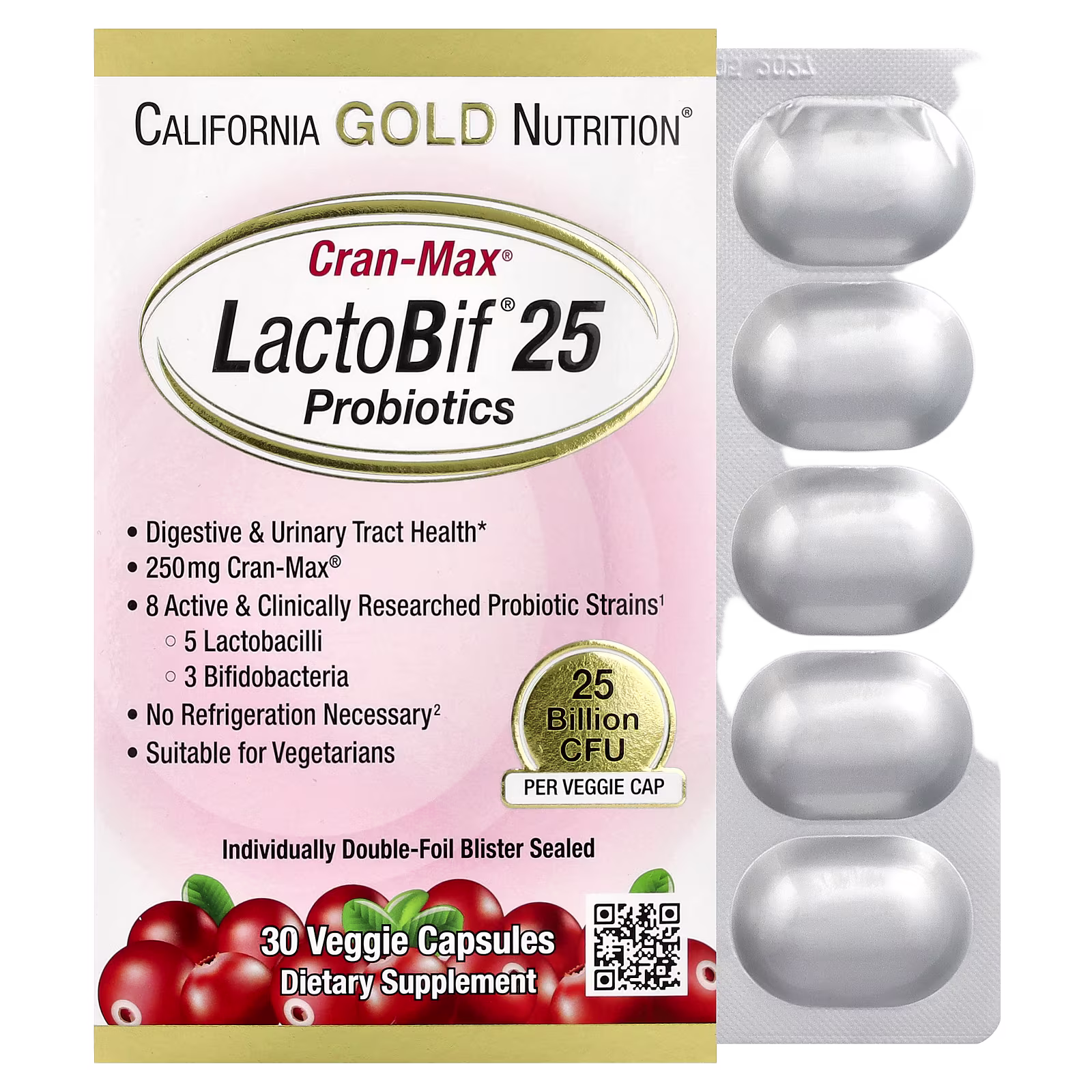 Probióticos LactoBif® CranMax®, 25,000 millones de UFC, 30 cápsulas vegetales, California Gold Nutrition