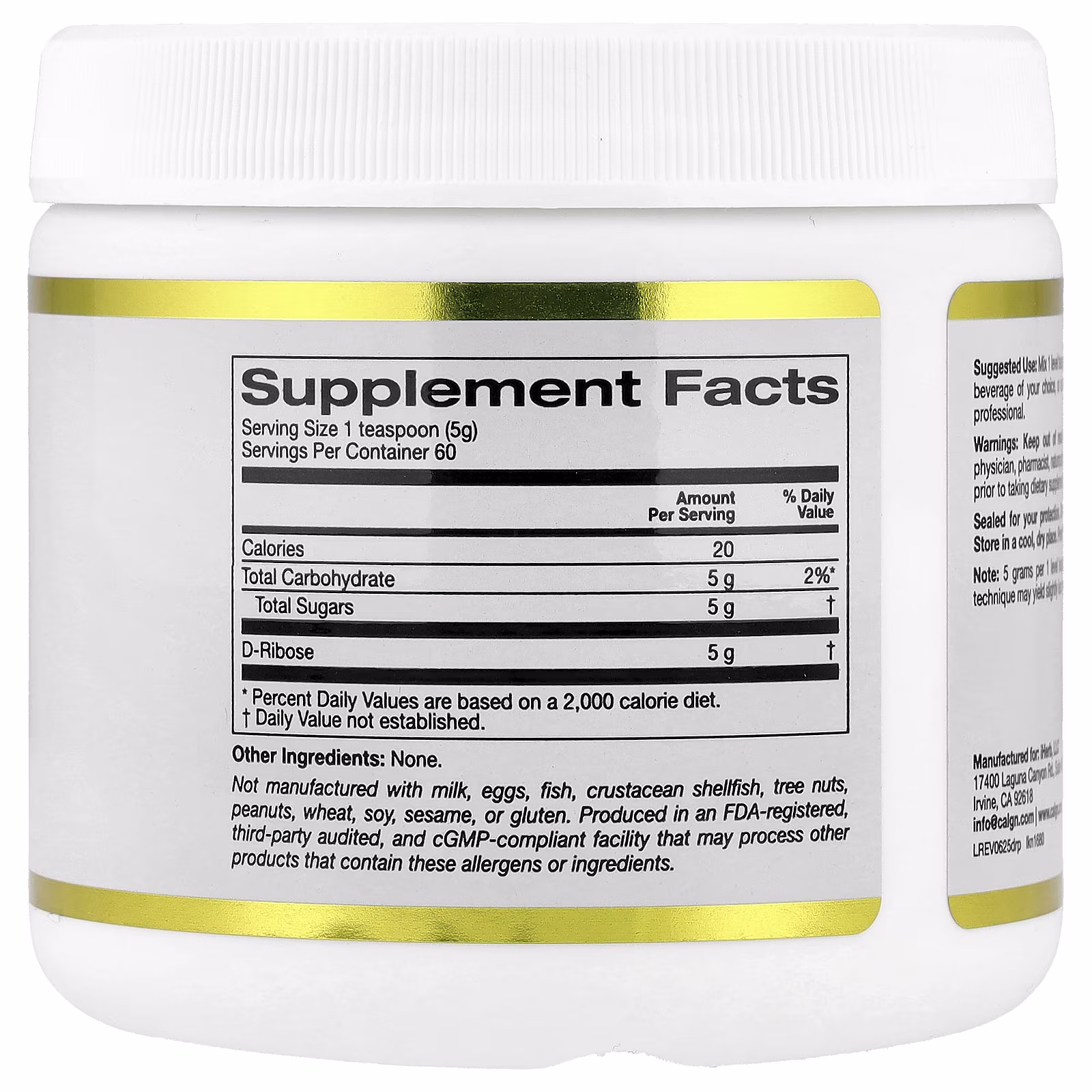 D-ribosa en polvo, Sin sabor, 300 g (10,6 oz), California Gold Nutrition