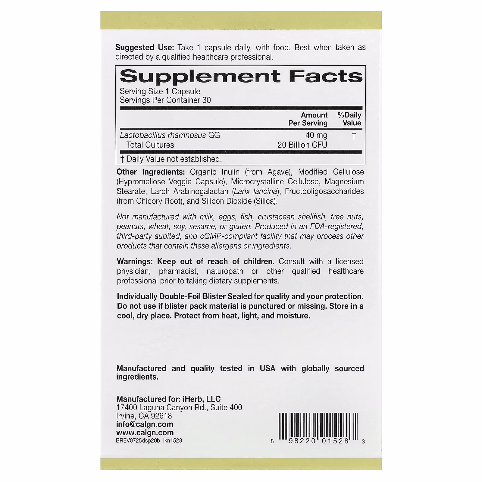 Probiótico de refuerzo para el sistema digestivo, Mezcla de probióticos y prebióticos con Lactobacillus rhamnosus GG, 20.000 millones de UFC, 30 cápsulas vegetales, California Gold Nutrition