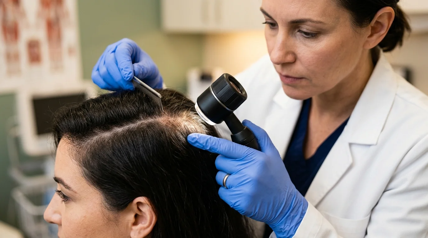 Dermatóloga revisando el cuero cabelludo con un dermatoscopio