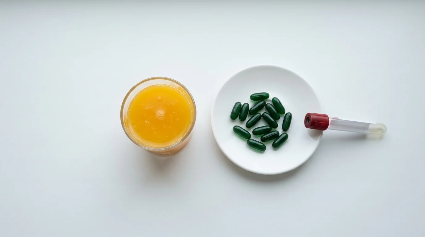 Resultados de exámenes de sangre junto a cápsulas de hierro y jugo de naranja