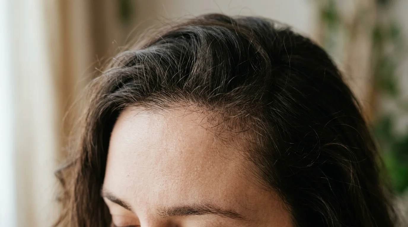 Pelos nuevos y cortos creciendo en la línea frontal después de un efluvio telógeno