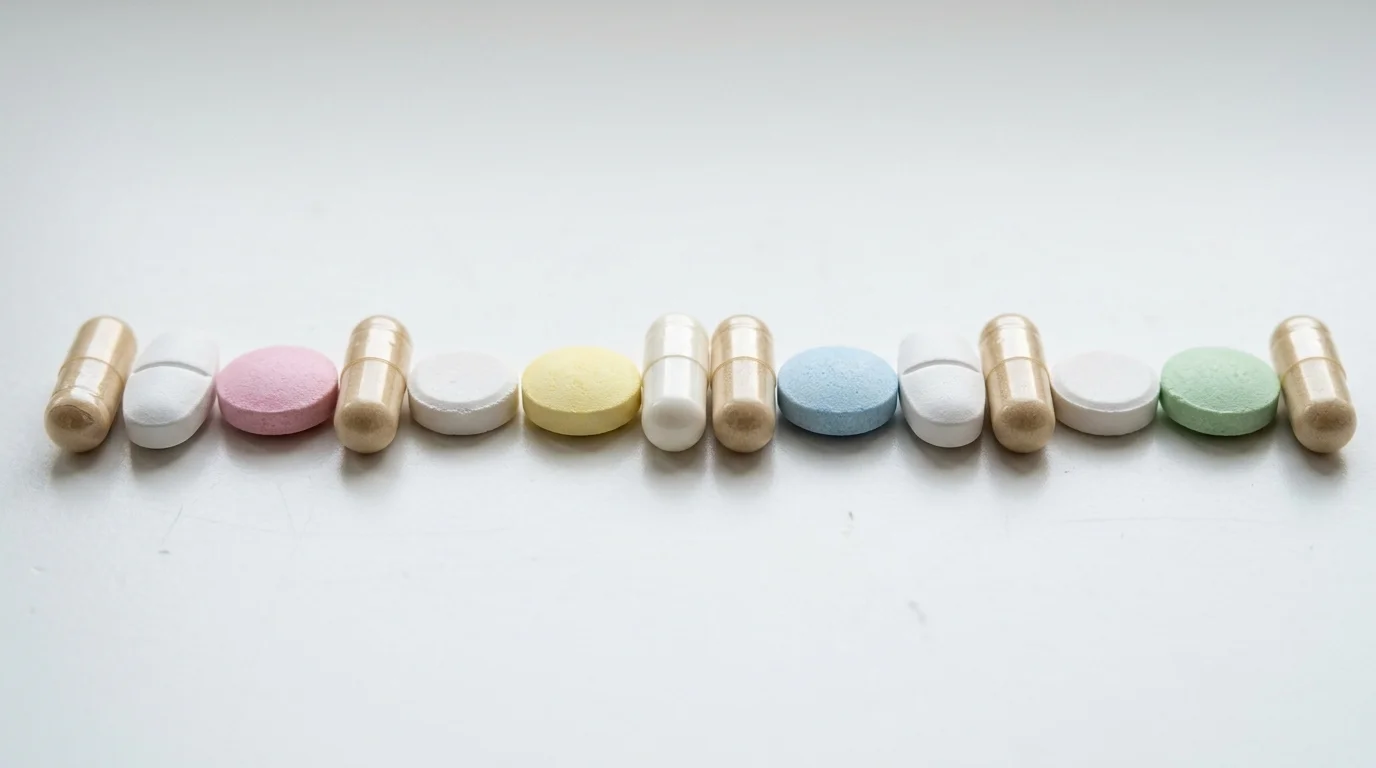 Distintas cápsulas y tabletas de enzimas digestivas alineadas