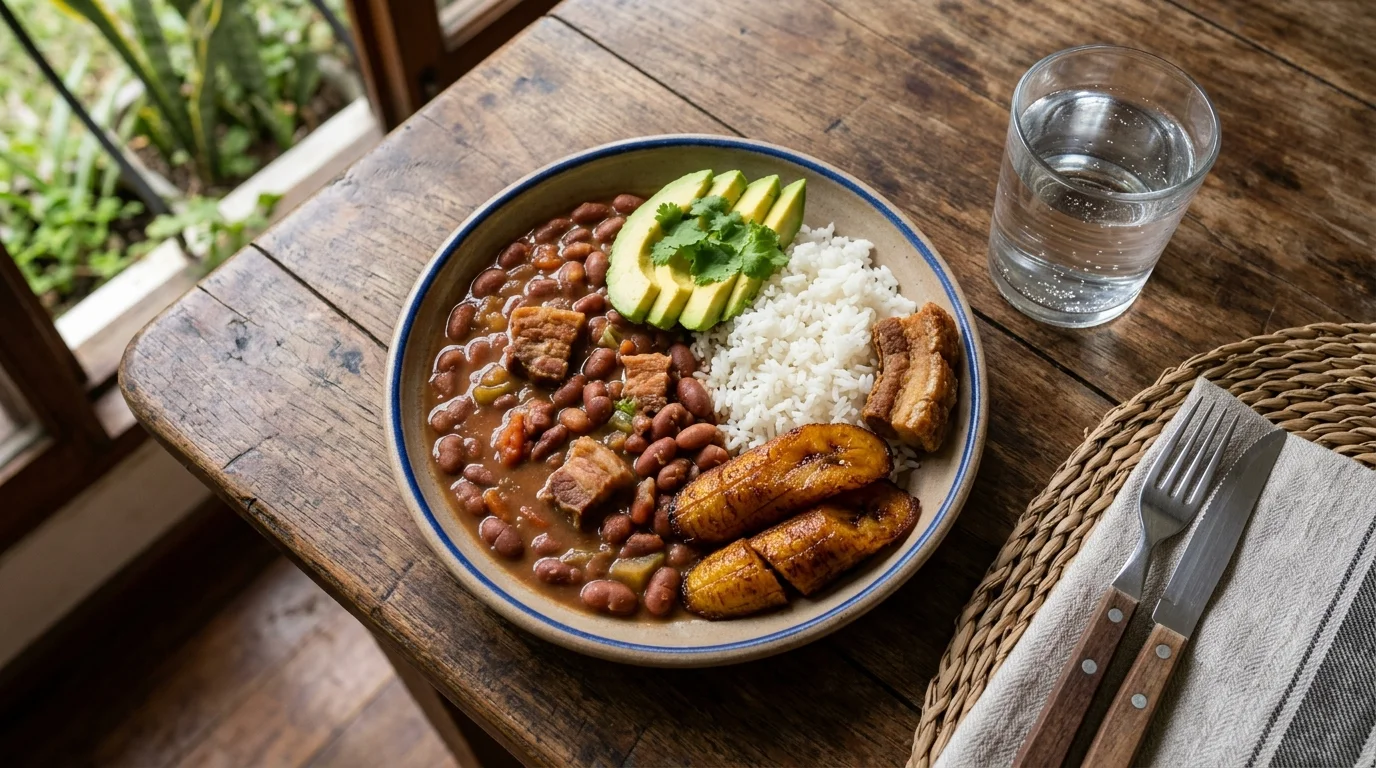 Almuerzo colombiano con fríjoles, arroz, aguacate y plátano maduro