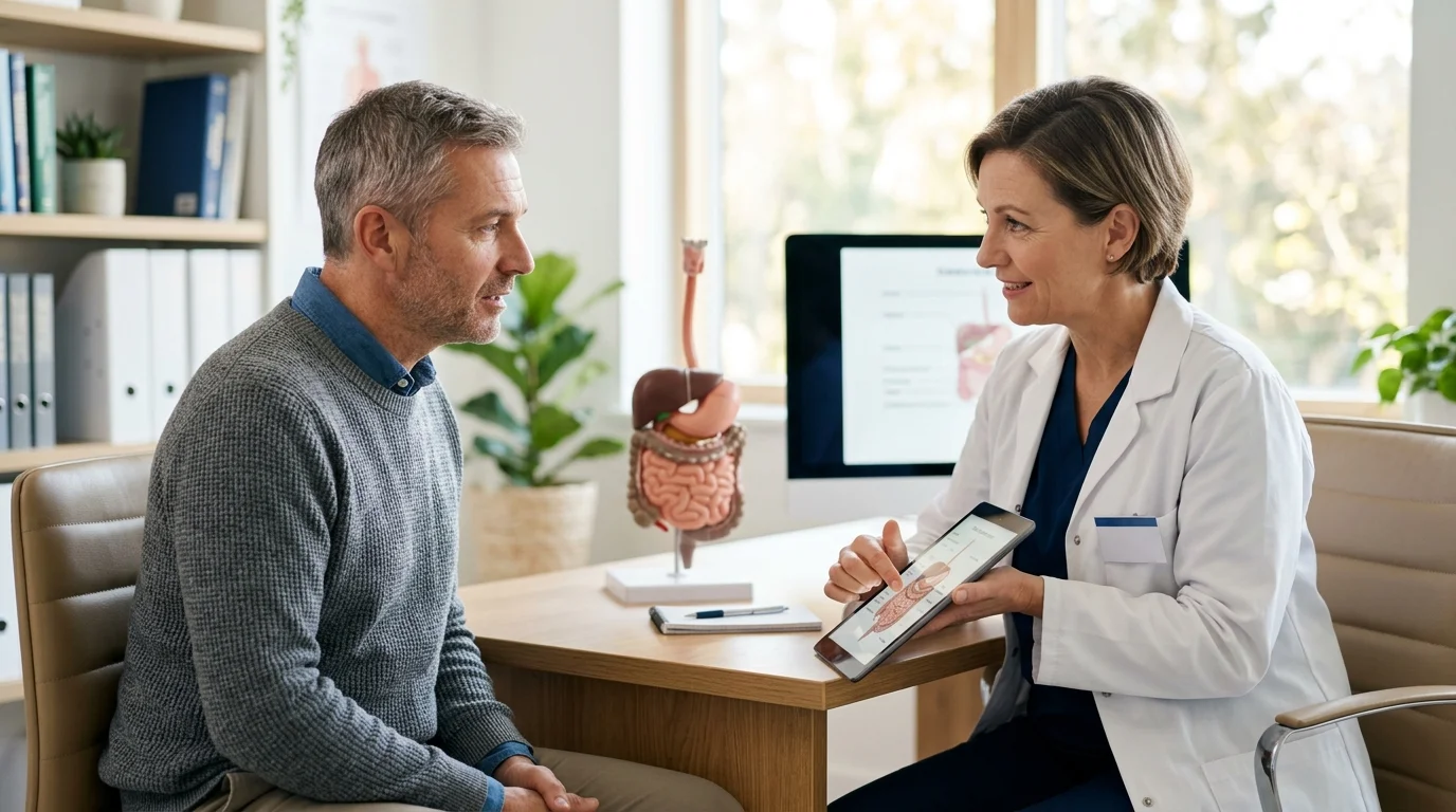 Gastroenterólogo explicando el diagnóstico a un paciente en consulta