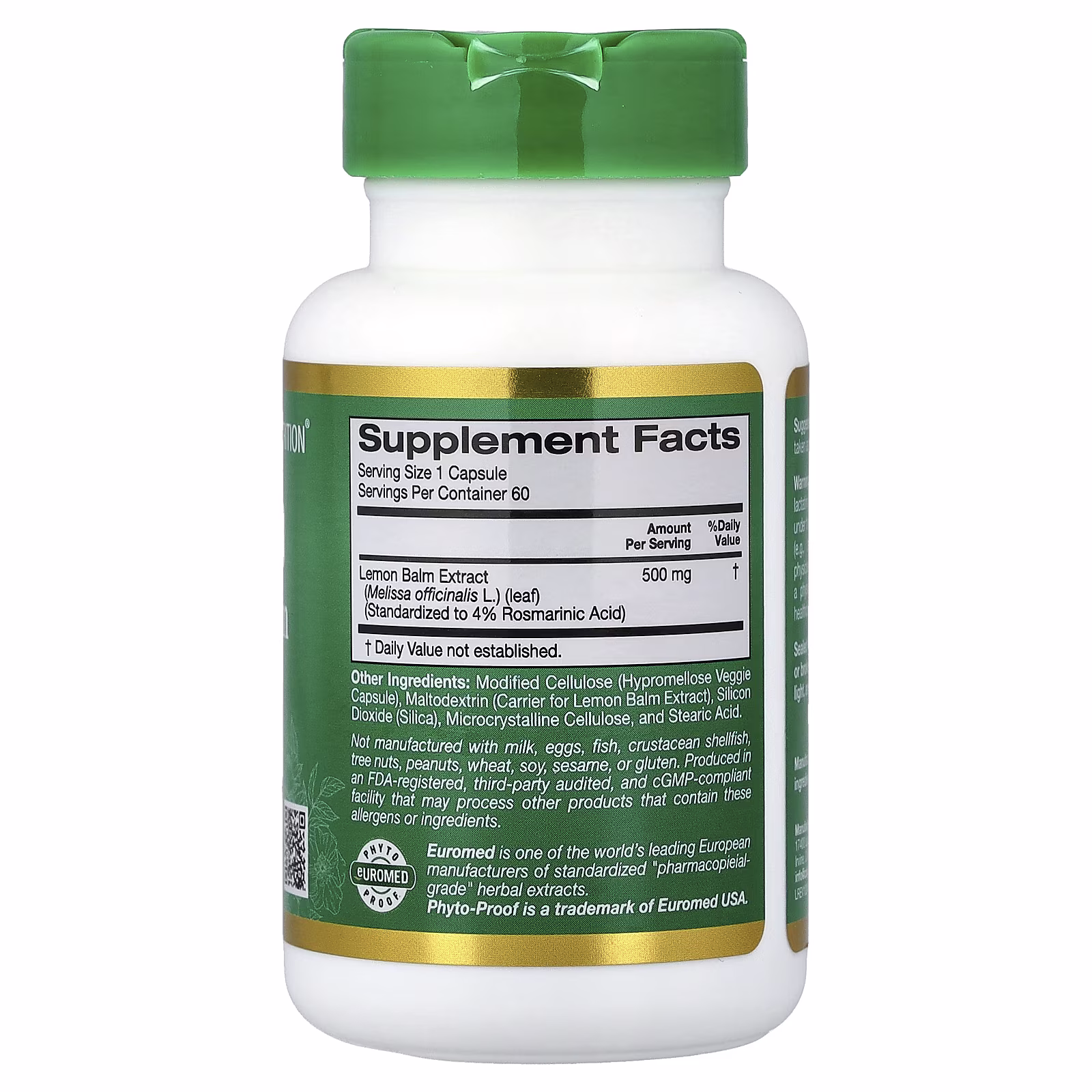 EuroHerbs™, Extracto de toronjil, Calidad Euromed, 500 mg, 60 cápsulas vegetales, California Gold Nutrition