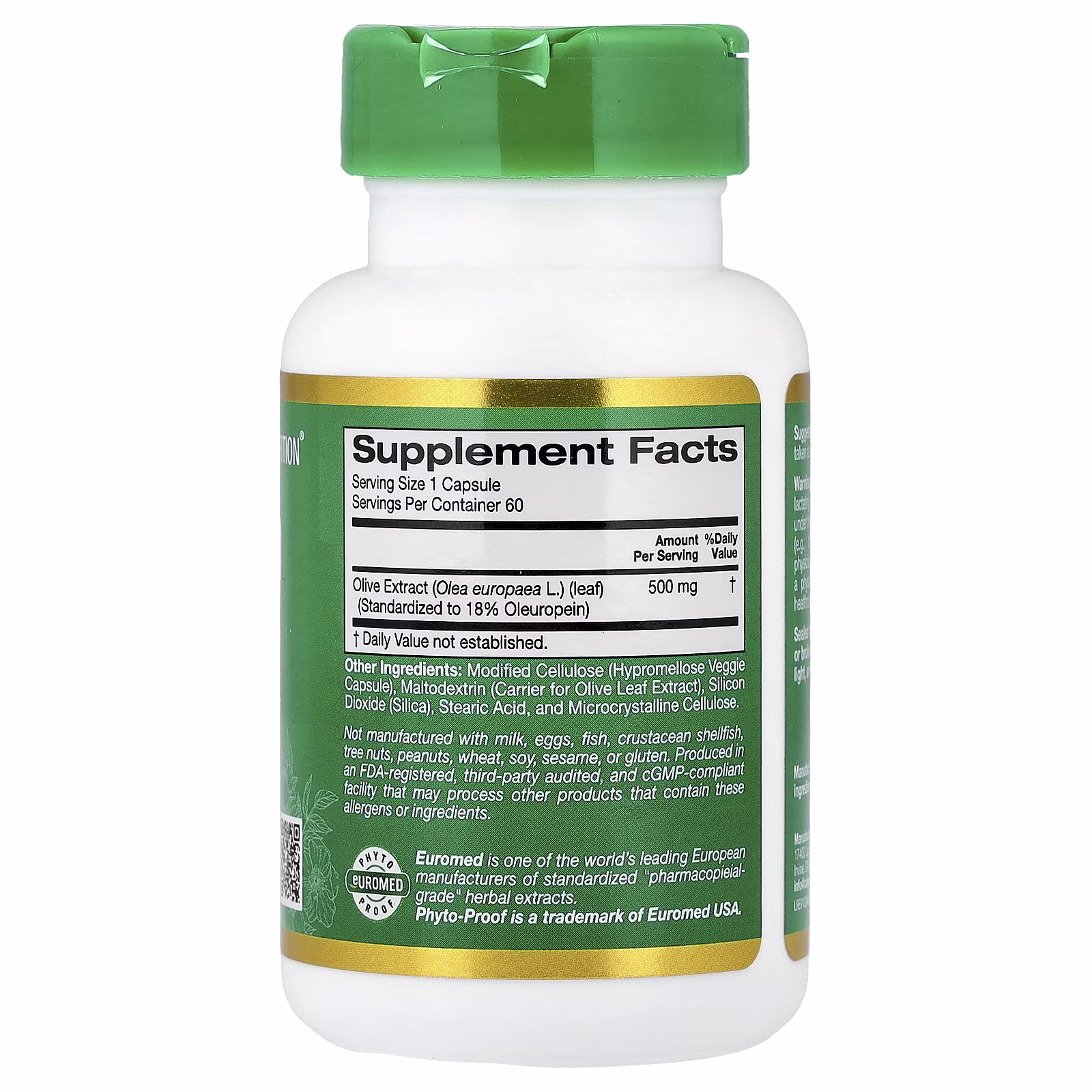 EuroHerbs™, Extracto de hoja de olivo, Calidad Euromed, 500 mg, 60 cápsulas vegetales, California Gold Nutrition