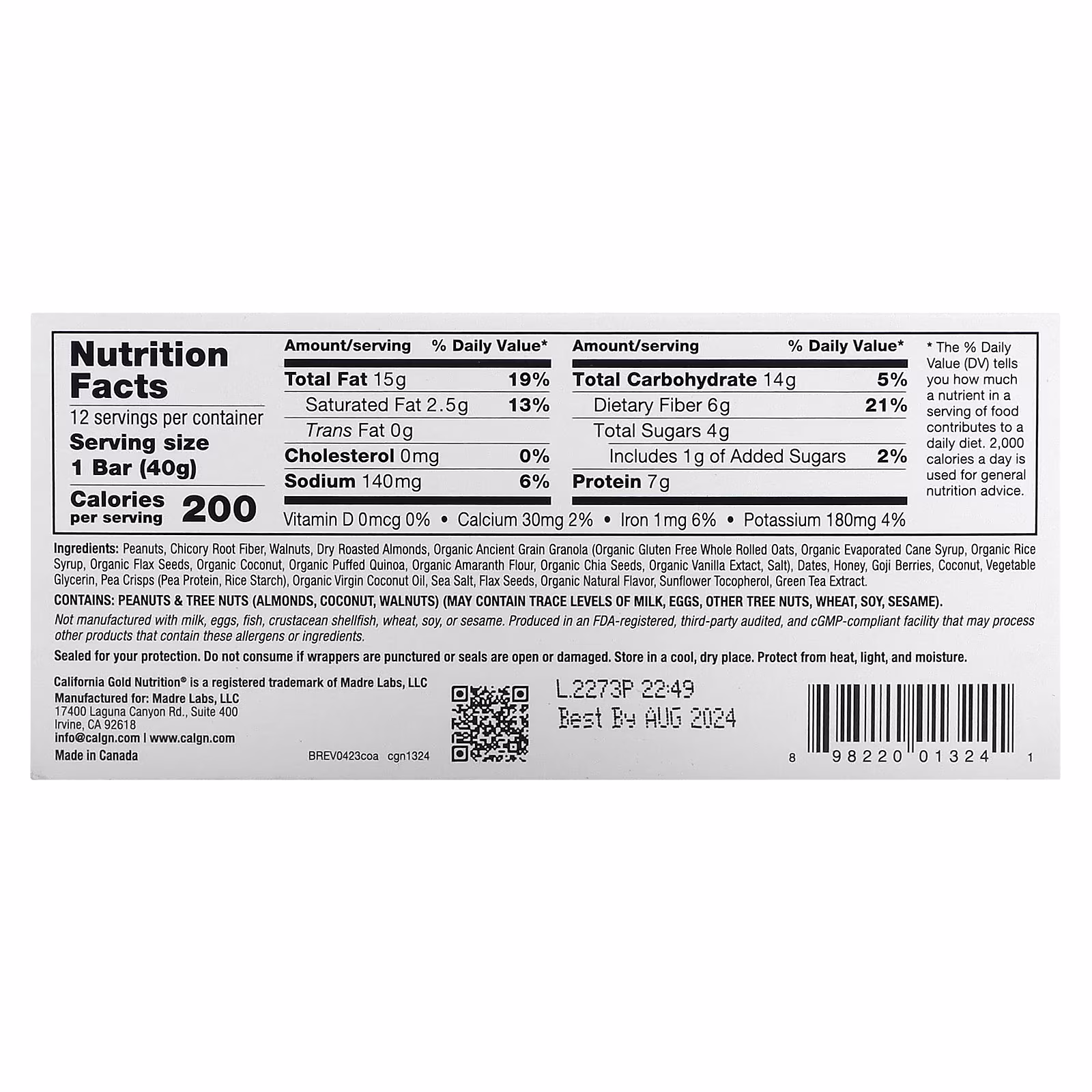 Alimentos, barras de granola masticables con almendra y coco, 12 Bars, 1.4 oz (40 g) cada una, California Gold Nutrition