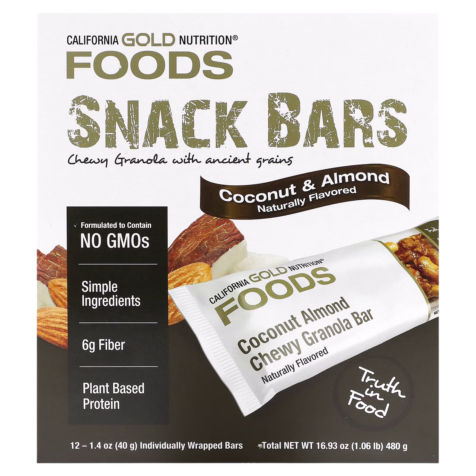 Alimentos, barras de granola masticables con almendra y coco, 12 Bars, 1.4 oz (40 g) cada una, California Gold Nutrition