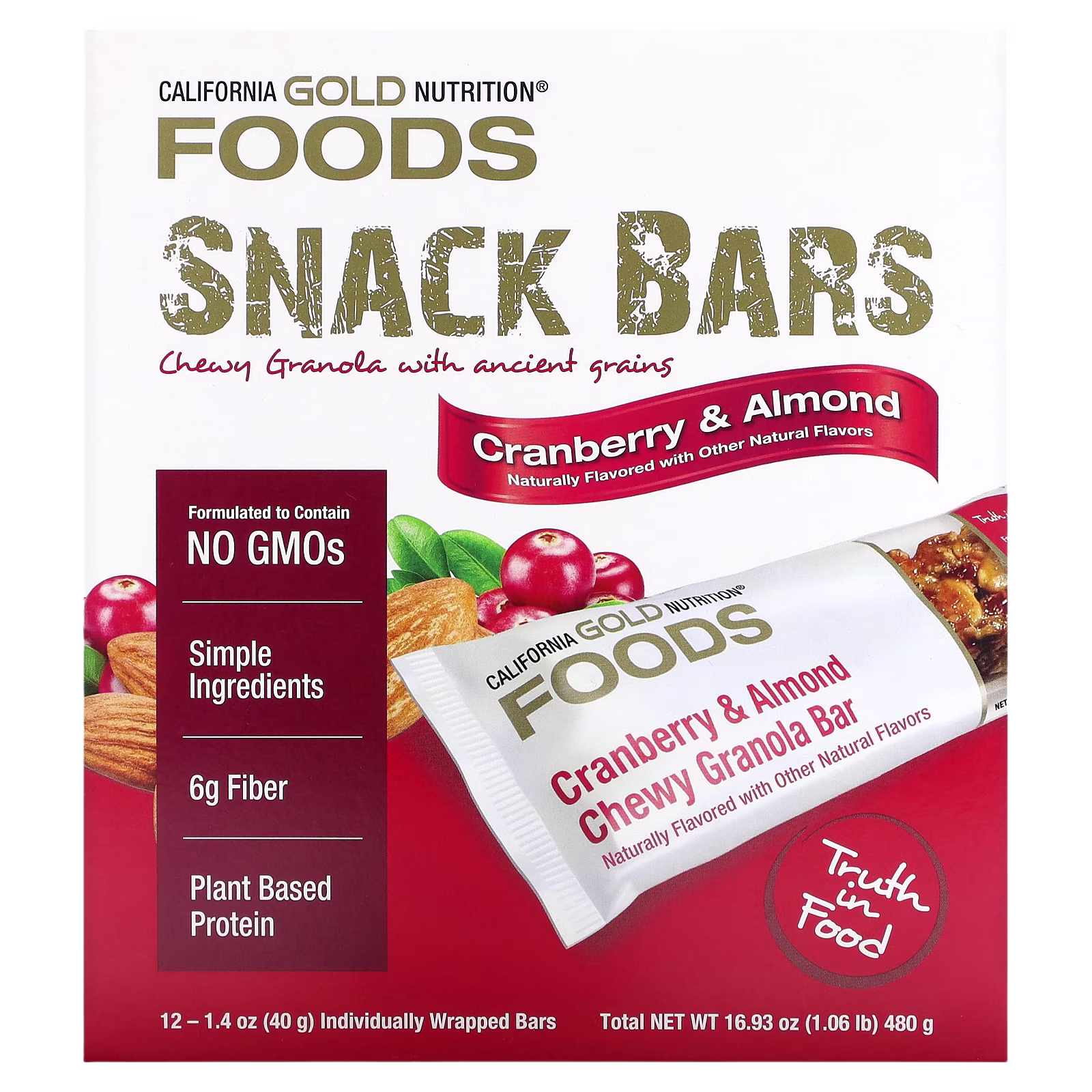 Foods, Barritas de granola crujientes con arándanos rojos y almendras, 12 barritas, 40 g (1,4 oz) cada una, California Gold Nutrition