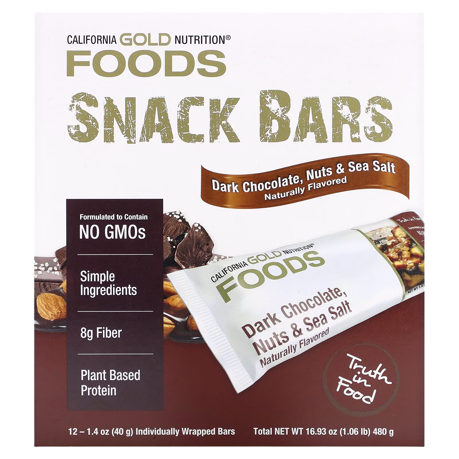 Foods, Barritas de chocolate negro, frutos secos y sal marina, 12 barritas, 40 g (1,4 oz) cada una, California Gold Nutrition