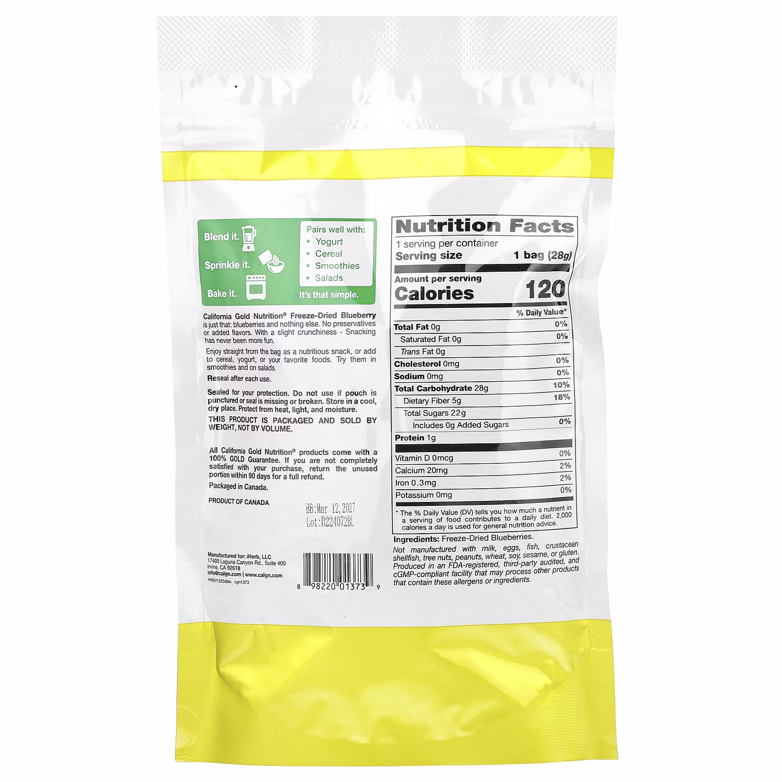 Foods, Arándanos azules liofilizados, Bayas enteras liofilizadas listas para comer, 28 g (1 oz), California Gold Nutrition