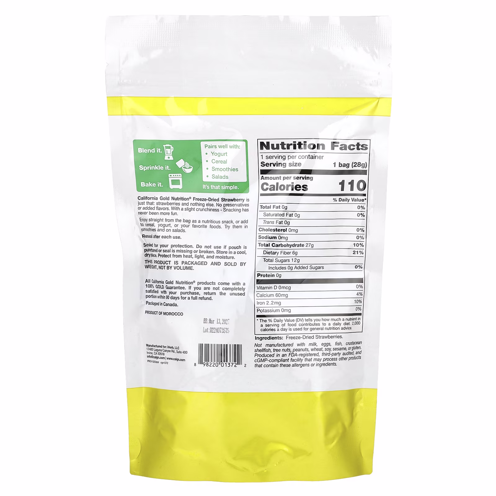 Fresas liofilizadas, Rodajas enteras liofilizadas listas para comer, 28 g (1 oz), California Gold Nutrition