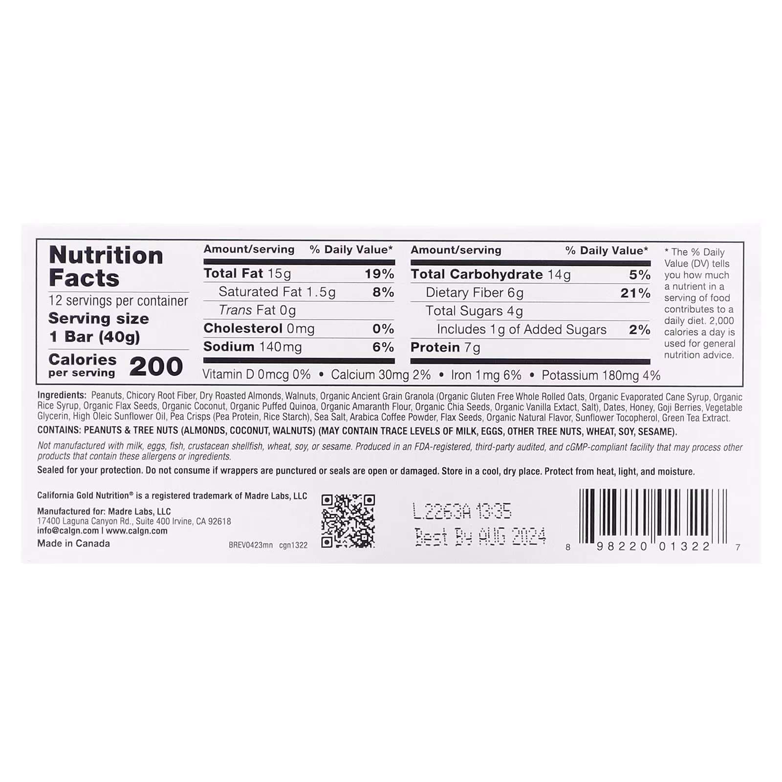 Foods, Barritas de granola crujientes con moca y frutos secos, 12 barritas, 40 g (1,4 oz) cada una, California Gold Nutrition