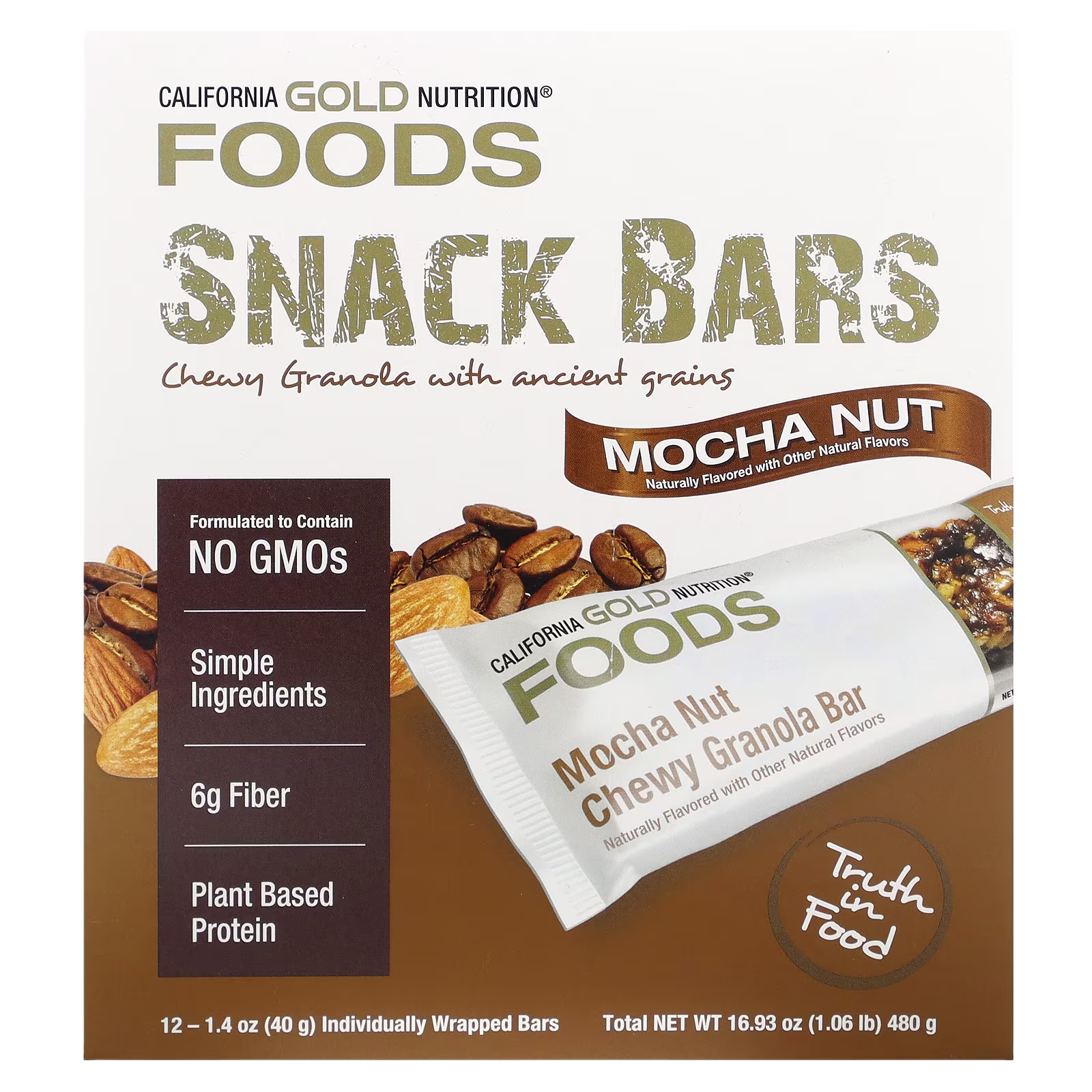 Foods, Barritas de granola crujientes con moca y frutos secos, 12 barritas, 40 g (1,4 oz) cada una, California Gold Nutrition