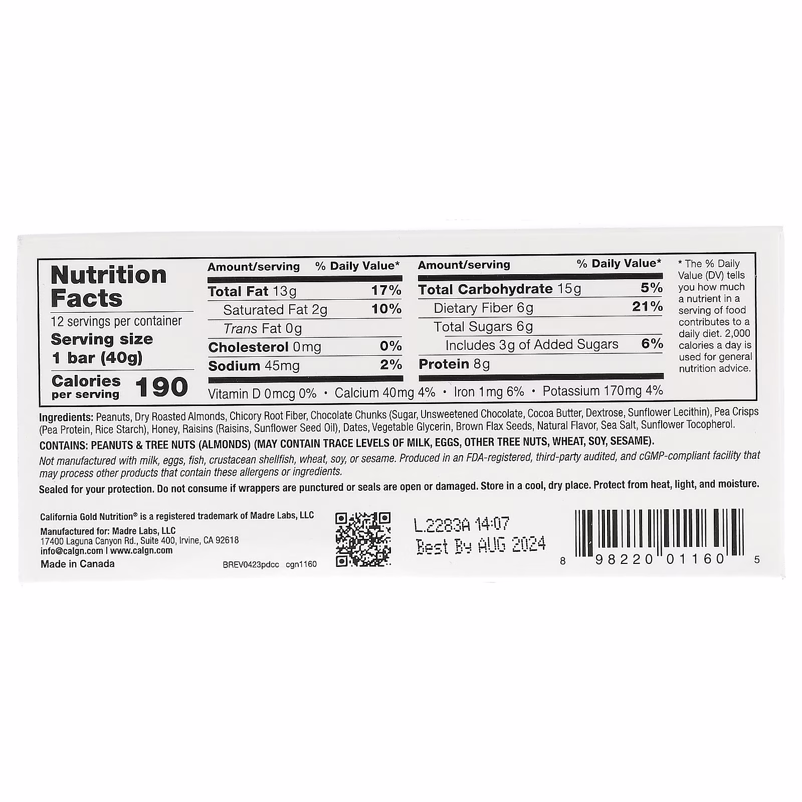 Foods, Barritas de maní y chocolate negro con almendras tostadas, fibra de raíz de achicoria, guisantes y miel, 12 barritas de 40 g c/u., 1.4 oz (40 g), California Gold Nutrition