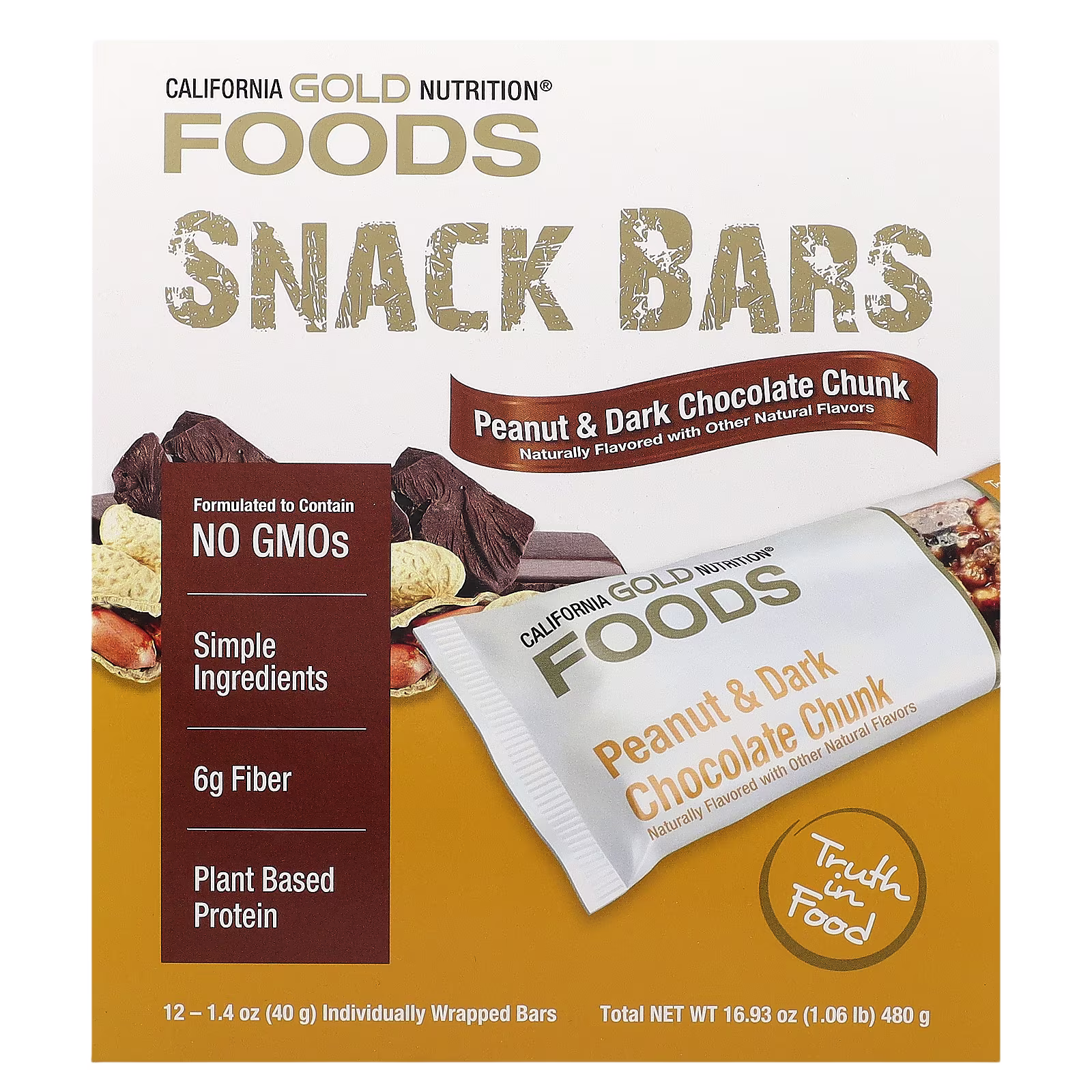 Foods, Barritas de maní y chocolate negro con almendras tostadas, fibra de raíz de achicoria, guisantes y miel, 12 barritas de 40 g c/u., 1.4 oz (40 g), California Gold Nutrition