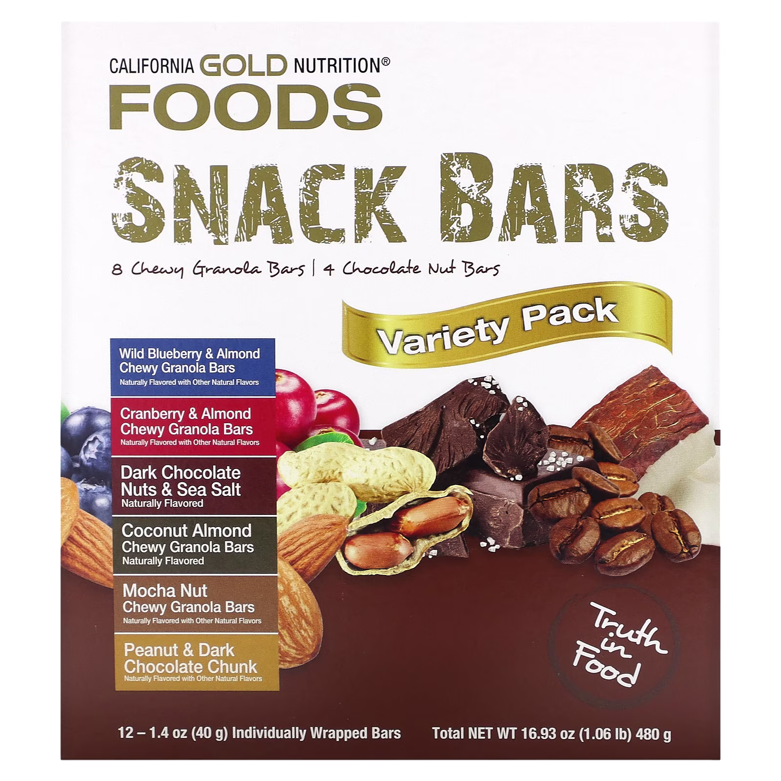 Foods, Paquete surtido de barritas, 12 barritas, 40 g (1,4 oz) cada una, California Gold Nutrition