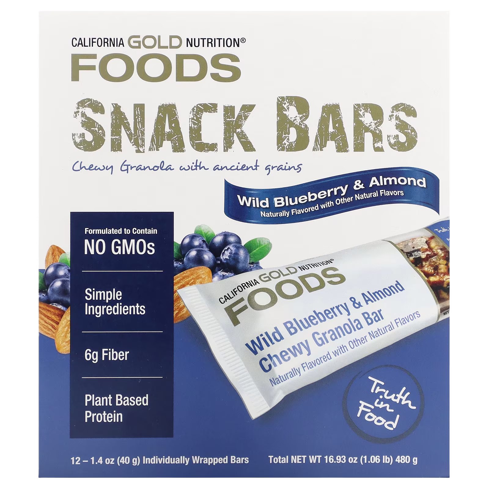 Foods, Barritas de granola crujientes de arándano azul silvestre y almendras, 12 barritas, 40 g (1,4 oz) cada una, California Gold Nutrition