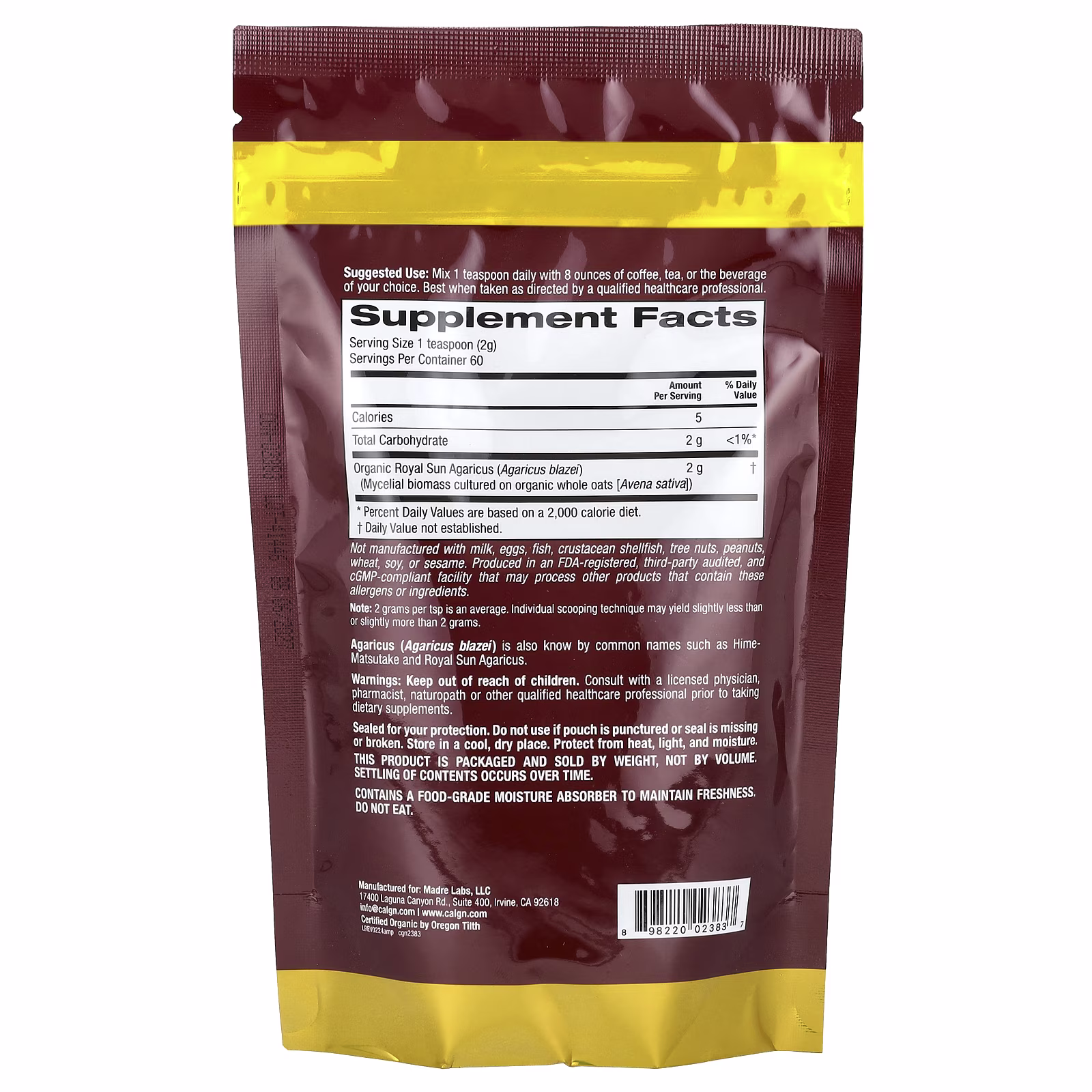 Fungiology®, Champiñón del sol orgánico certificado en polvo, 120 g (4,2 oz), California Gold Nutrition