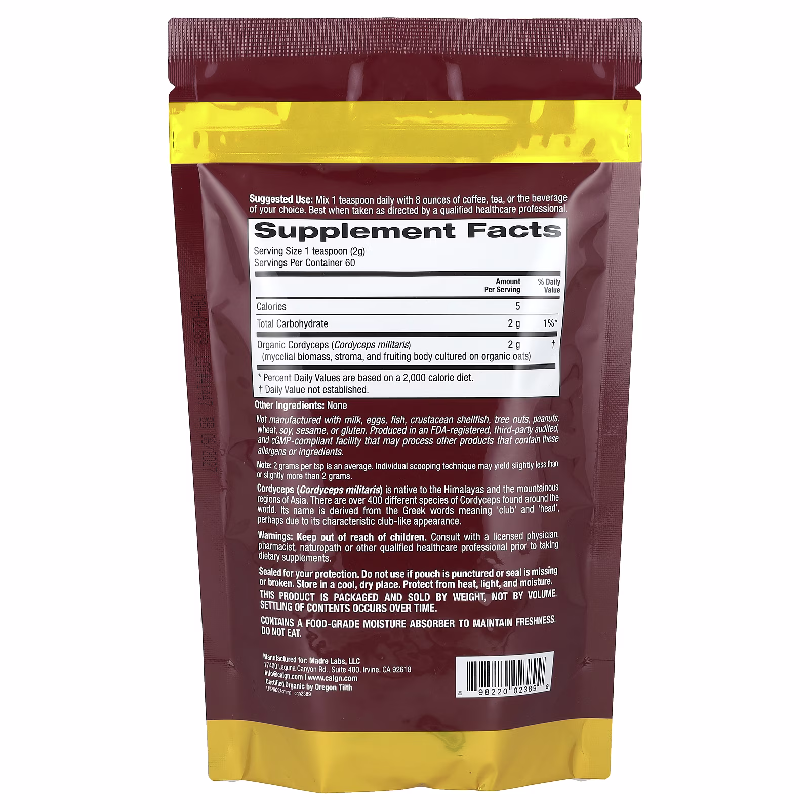 Fungiology®, Cordyceps militaris orgánico certificado en polvo, 120 g (4,2 oz), California Gold Nutrition