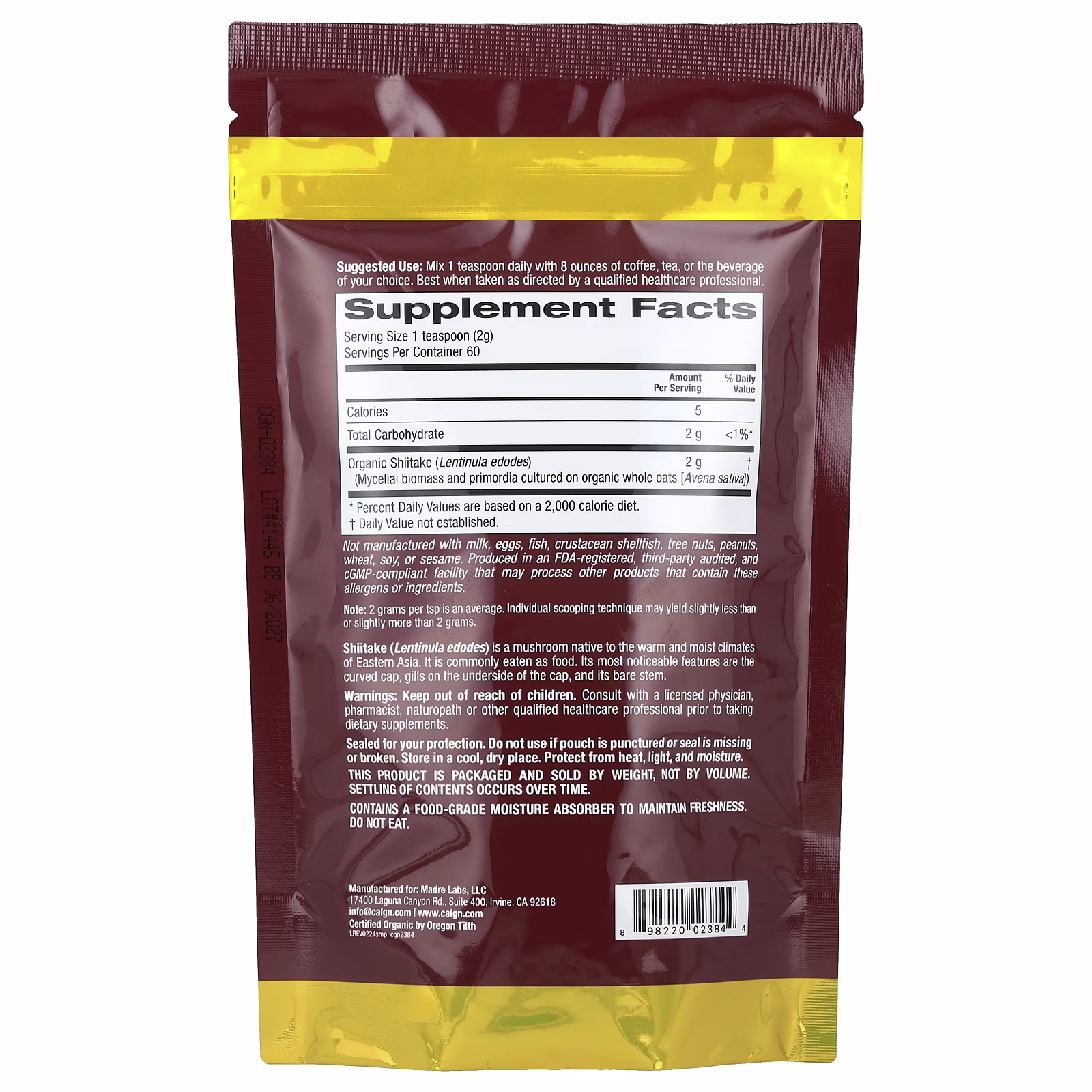 Fungiology®, Shiitake orgánico certificado en polvo, 120 g (4,2 oz), California Gold Nutrition