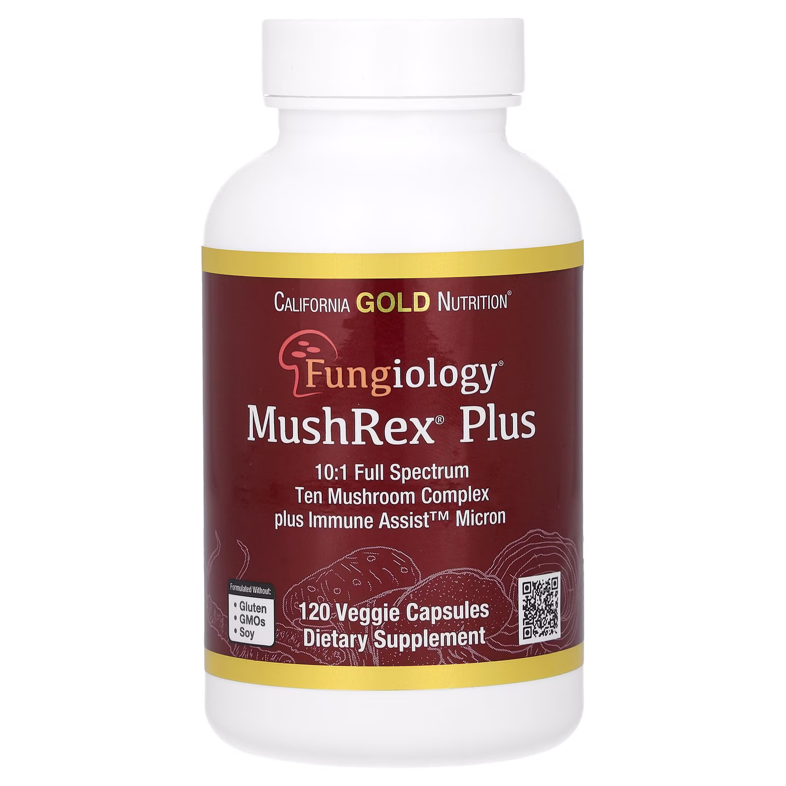 Fungiology, MushRex Plus, Complejo de diez hongos de espectro completo con Agaricus, chaga, Cordyceps y melena de león, 120 cápsulas vegetales, California Gold Nutrition