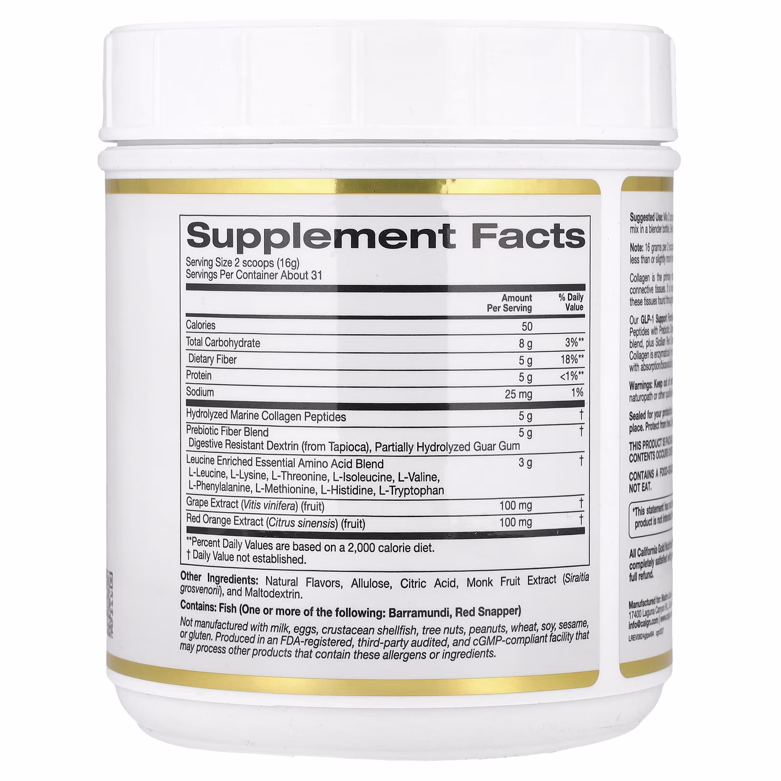 Fórmula de refuerzo para tratamientos con agonistas del receptor del GLP-1 con péptidos de colágeno, fibra prebiótica y aminoácidos esenciales, Sandía y Yuzu, 494 g (1,09 lb), California Gold Nutrition