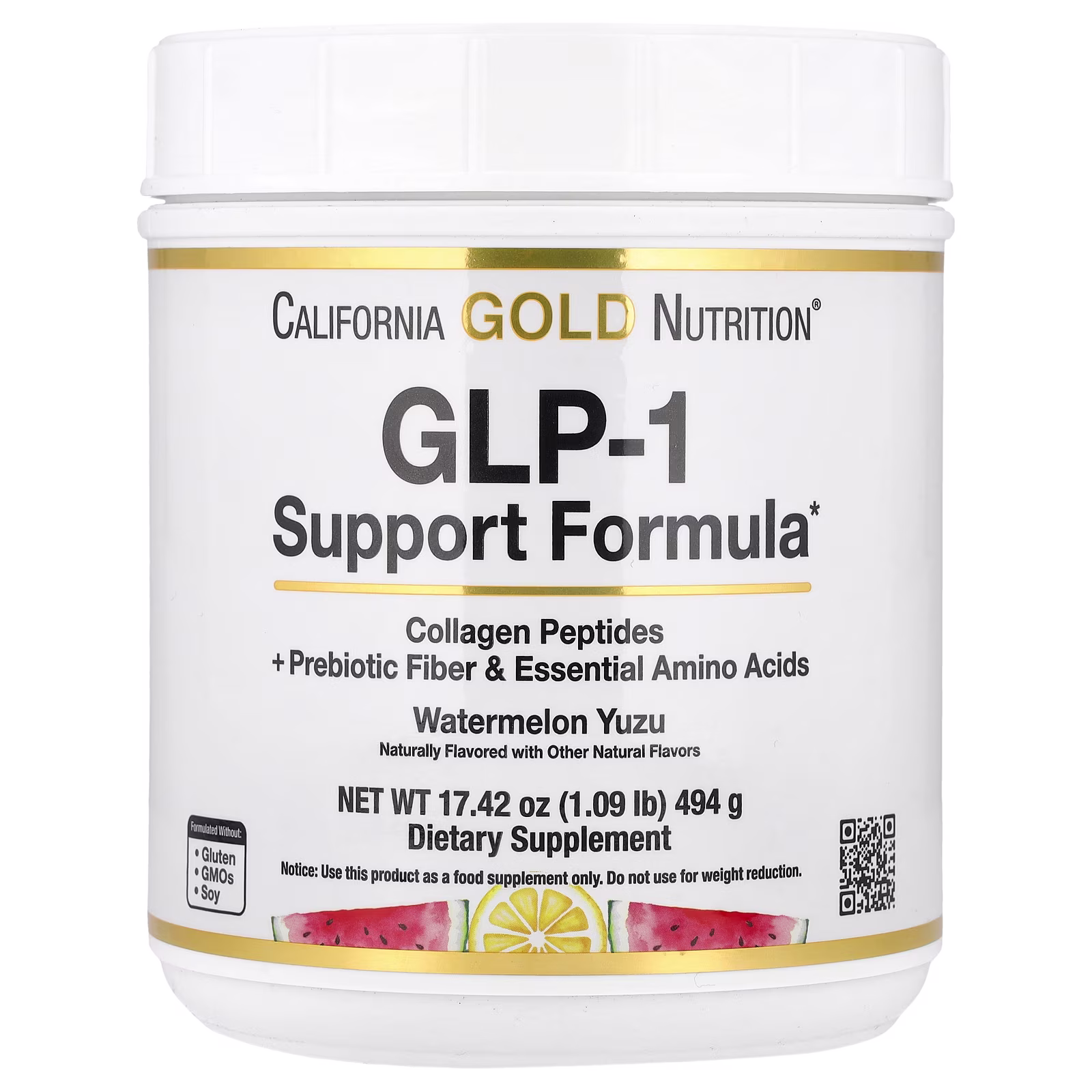 Fórmula de refuerzo para tratamientos con agonistas del receptor del GLP-1 con péptidos de colágeno, fibra prebiótica y aminoácidos esenciales, Sandía y Yuzu, 1 kg (2,2 lb), California Gold Nutrition