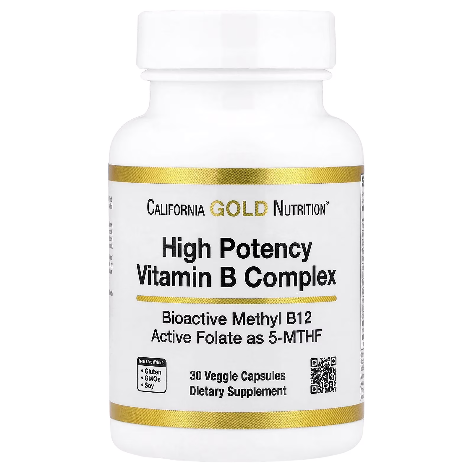 Complejo de vitaminas B de alta potencia con metilfolato y metil B12, 30 cápsulas vegetales, California Gold Nutrition