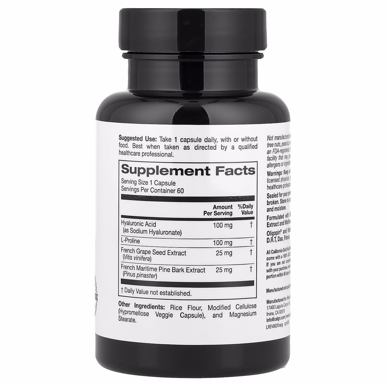 Complejo de ácido hialurónico con L-prolina, Extractos de semilla de uva francesa y corteza de pino marítimo francés, 60 cápsulas vegetales, California Gold Nutrition