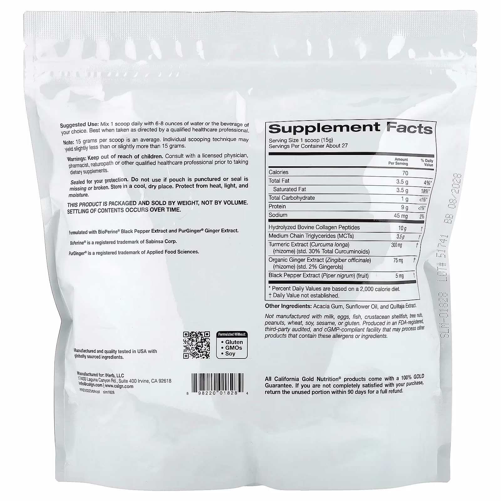 Péptidos de colágeno hidrolizado con cúrcuma, MCT y jengibre, 400 g (14,1 oz), California Gold Nutrition