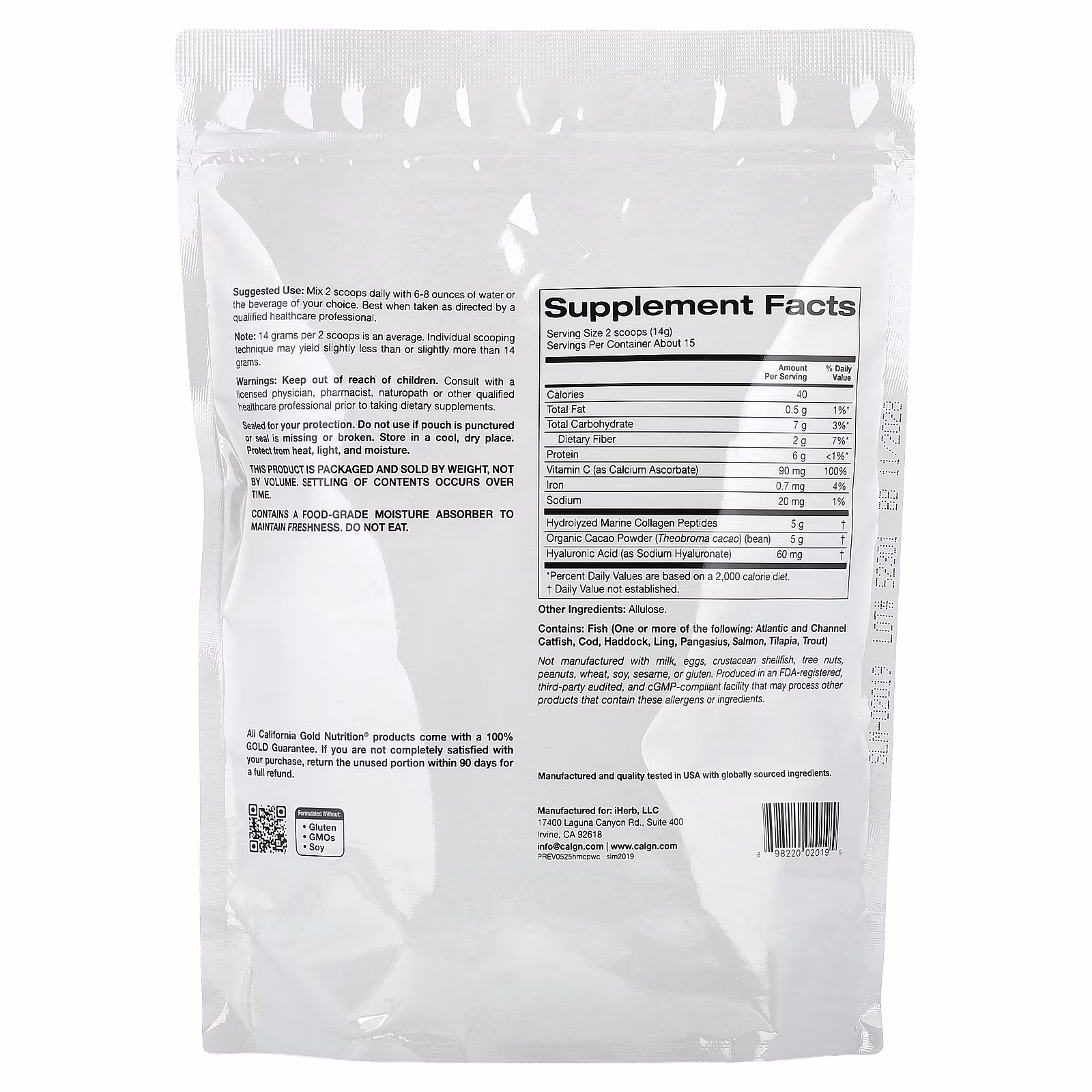 Péptidos de colágeno marino hidrolizado con cacao, 206 g (7,3 oz), California Gold Nutrition