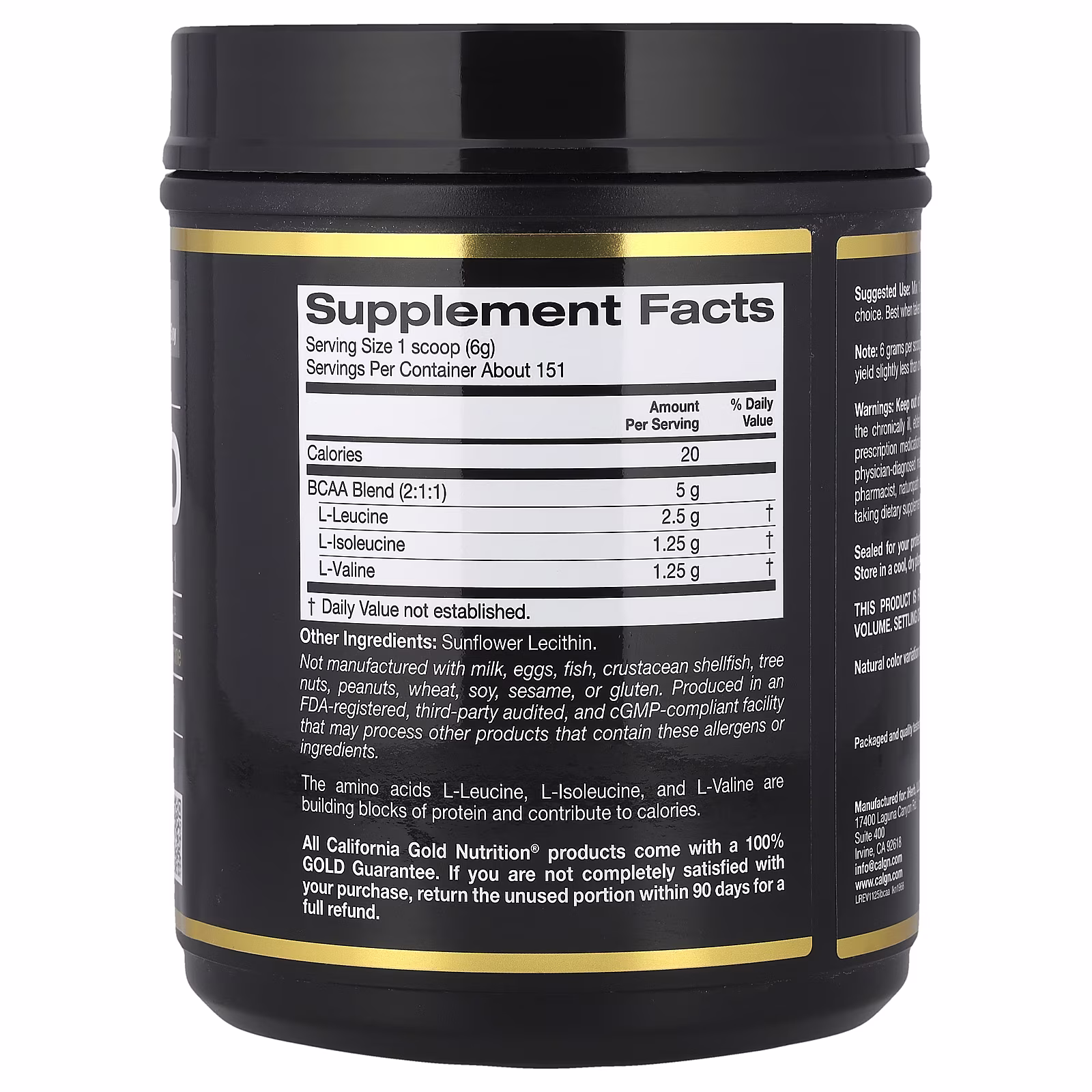 BCAA instantáneos en polvo con L-leucina, L-isoleucina y L-valina, Sin sabor, 907 g (2 lb), California Gold Nutrition