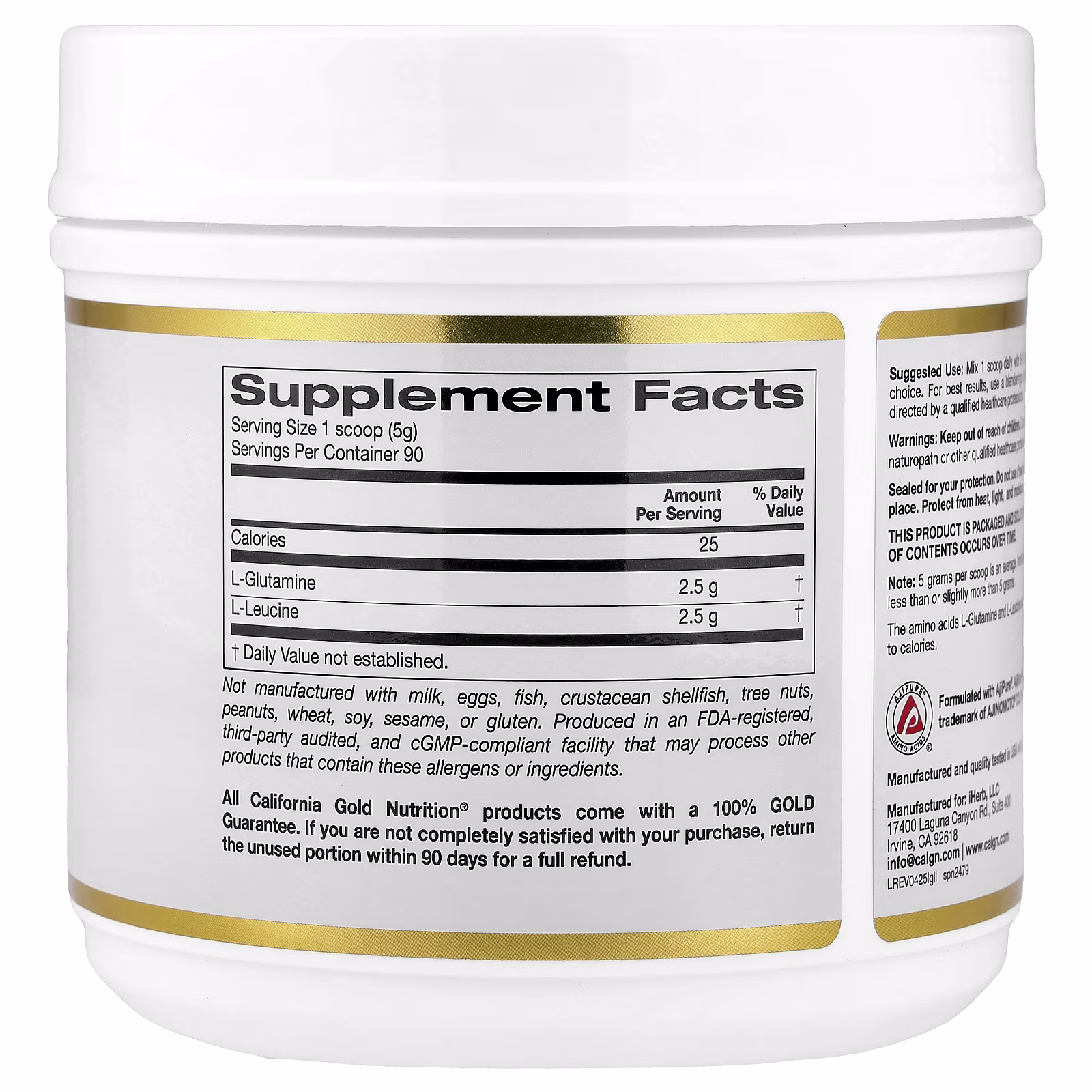 L-glutamina y L-leucina, Sin sabor, 450 g (15,87 oz), California Gold Nutrition
