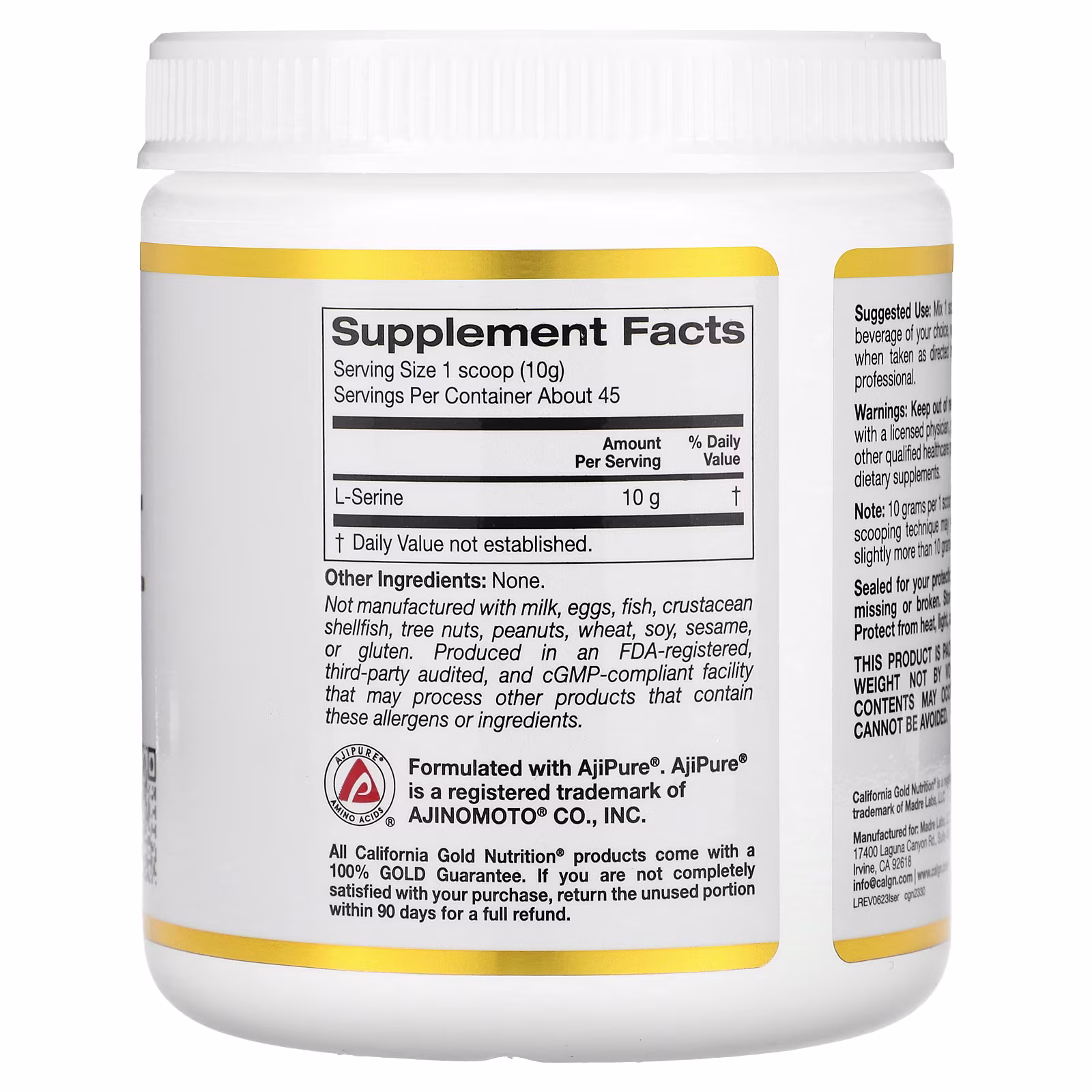 L-serina en polvo, Aminoácido AjiPure, Sin sabor, 454 g (1 lb), California Gold Nutrition