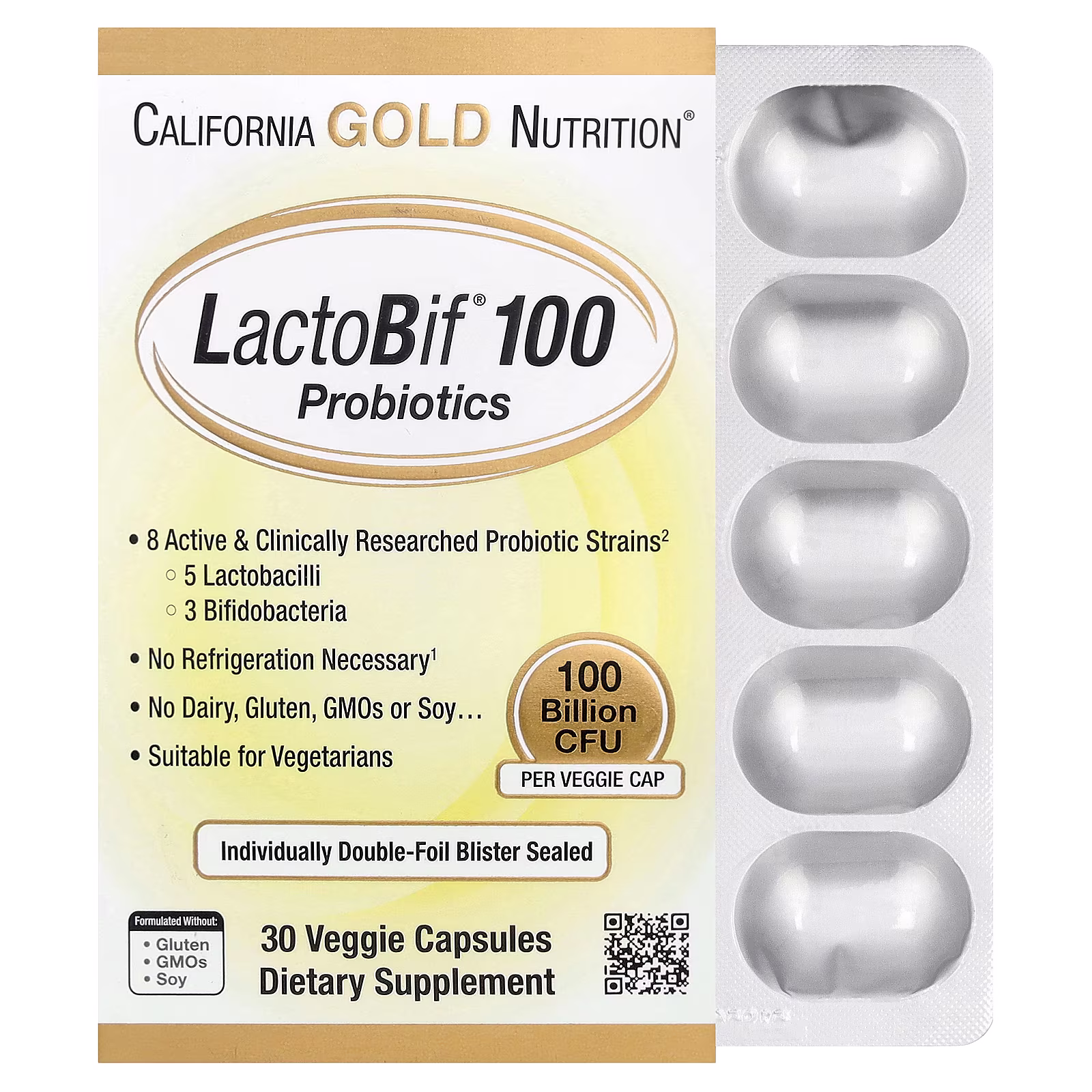 LactoBif® 100 Probiotics, 100,000 millones de UFC, 30 cápsulas vegetales, California Gold Nutrition