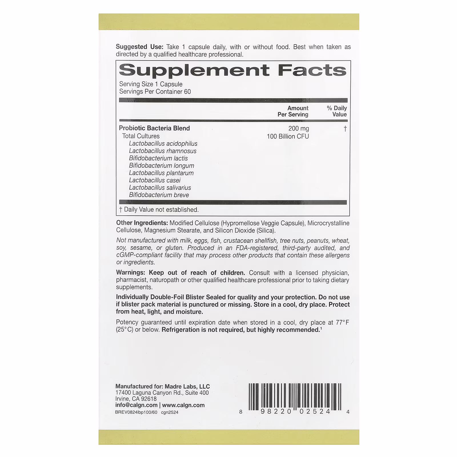 LactoBif® 100 Probiotics, 100.000 millones de UFC, 60 cápsulas vegetales, California Gold Nutrition