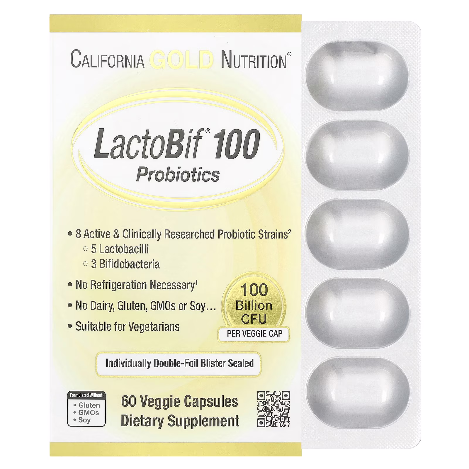 LactoBif® 100 Probiotics, 100.000 millones de UFC, 60 cápsulas vegetales, California Gold Nutrition