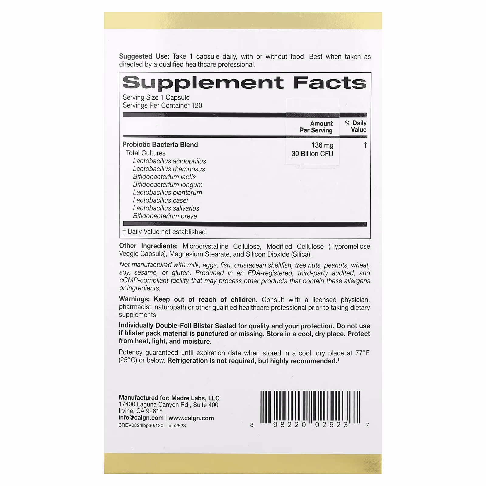 LactoBif® 30 Probiotics, 30.000 millones de UFC, 120 cápsulas vegetales, California Gold Nutrition