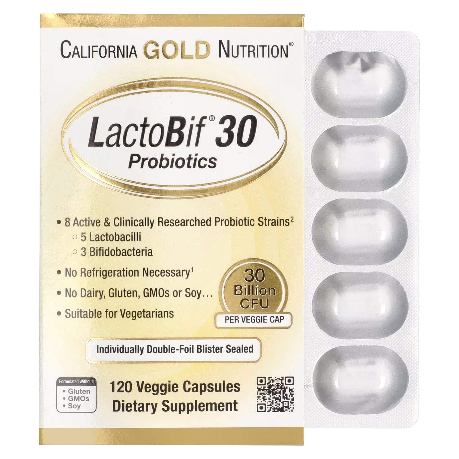 LactoBif® 30 Probiotics, 30.000 millones de UFC, 120 cápsulas vegetales, California Gold Nutrition