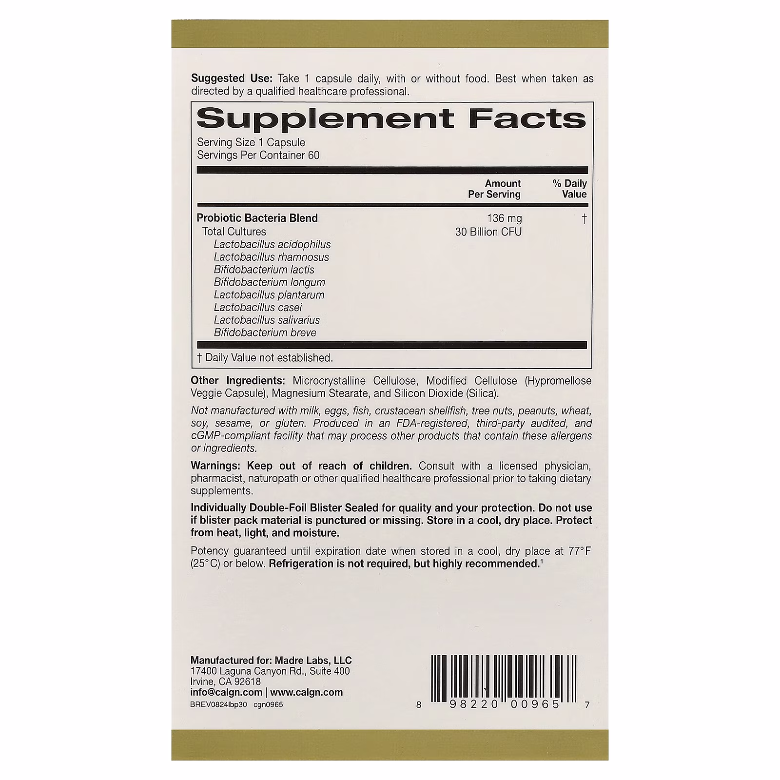 LactoBif® 30 Probiotics, 30,000 millones de UFC, 60 cápsulas vegetales, California Gold Nutrition