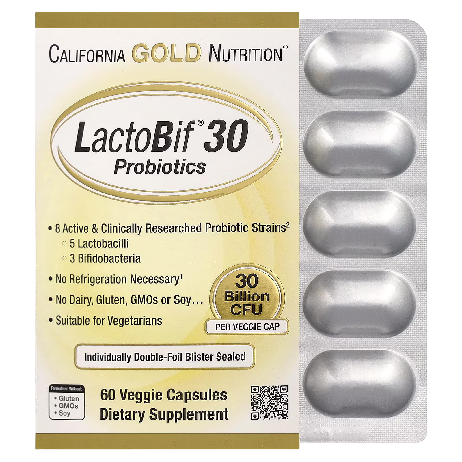 LactoBif® 30 Probiotics, 30,000 millones de UFC, 60 cápsulas vegetales, California Gold Nutrition