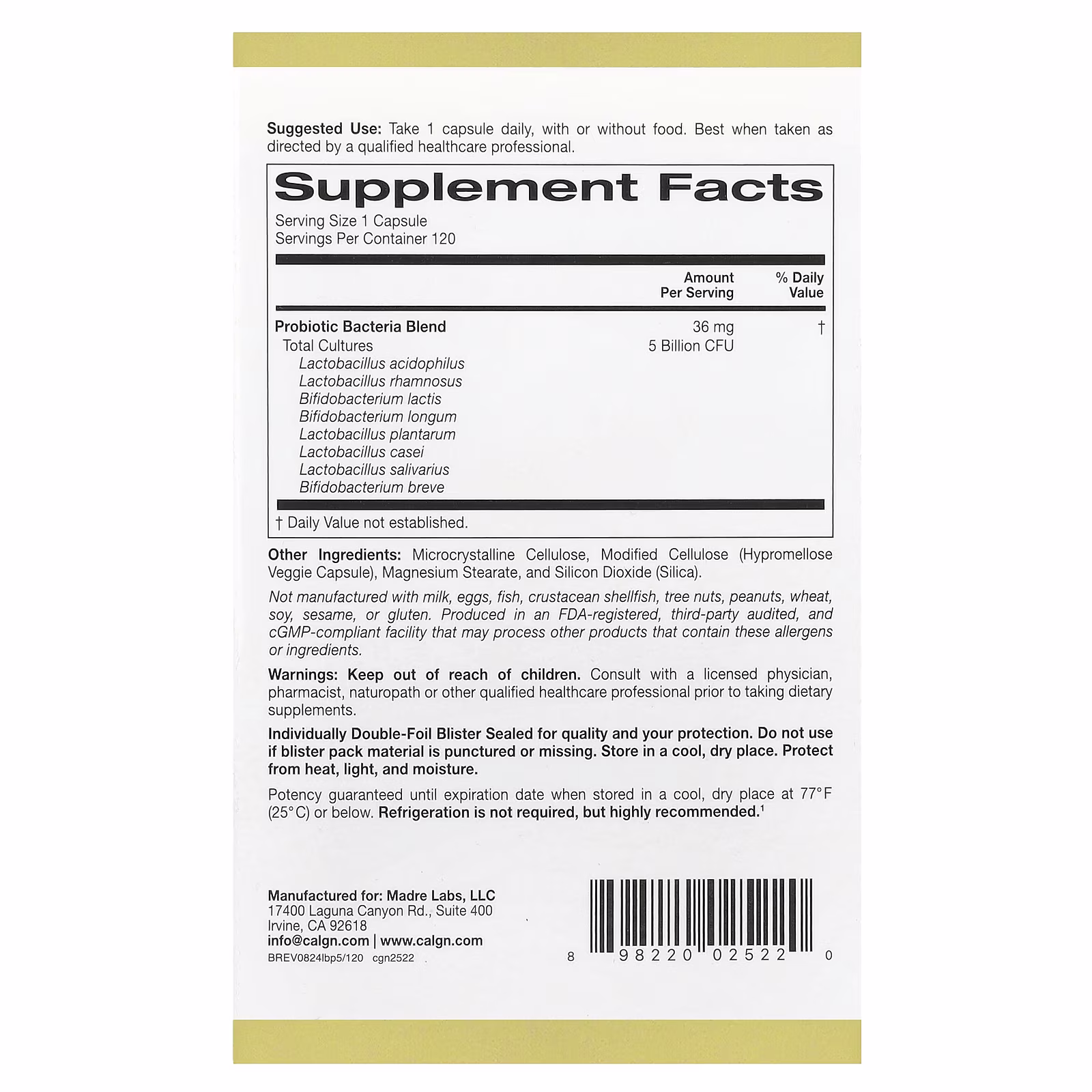 LactoBif® 5 Probiotics, 5000 millones de UFC, 120 cápsulas vegetales, California Gold Nutrition