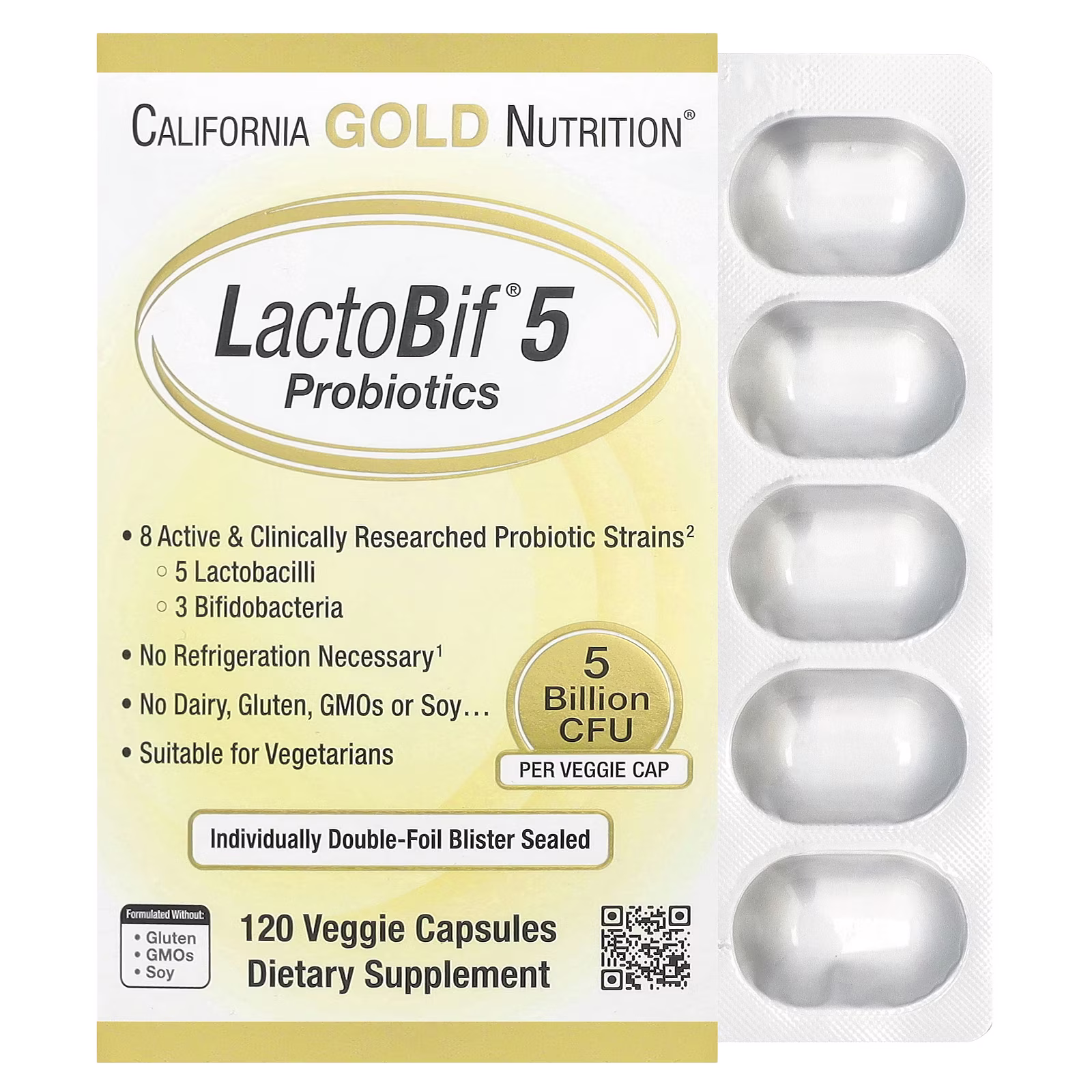LactoBif® 5 Probiotics, 5000 millones de UFC, 120 cápsulas vegetales, California Gold Nutrition