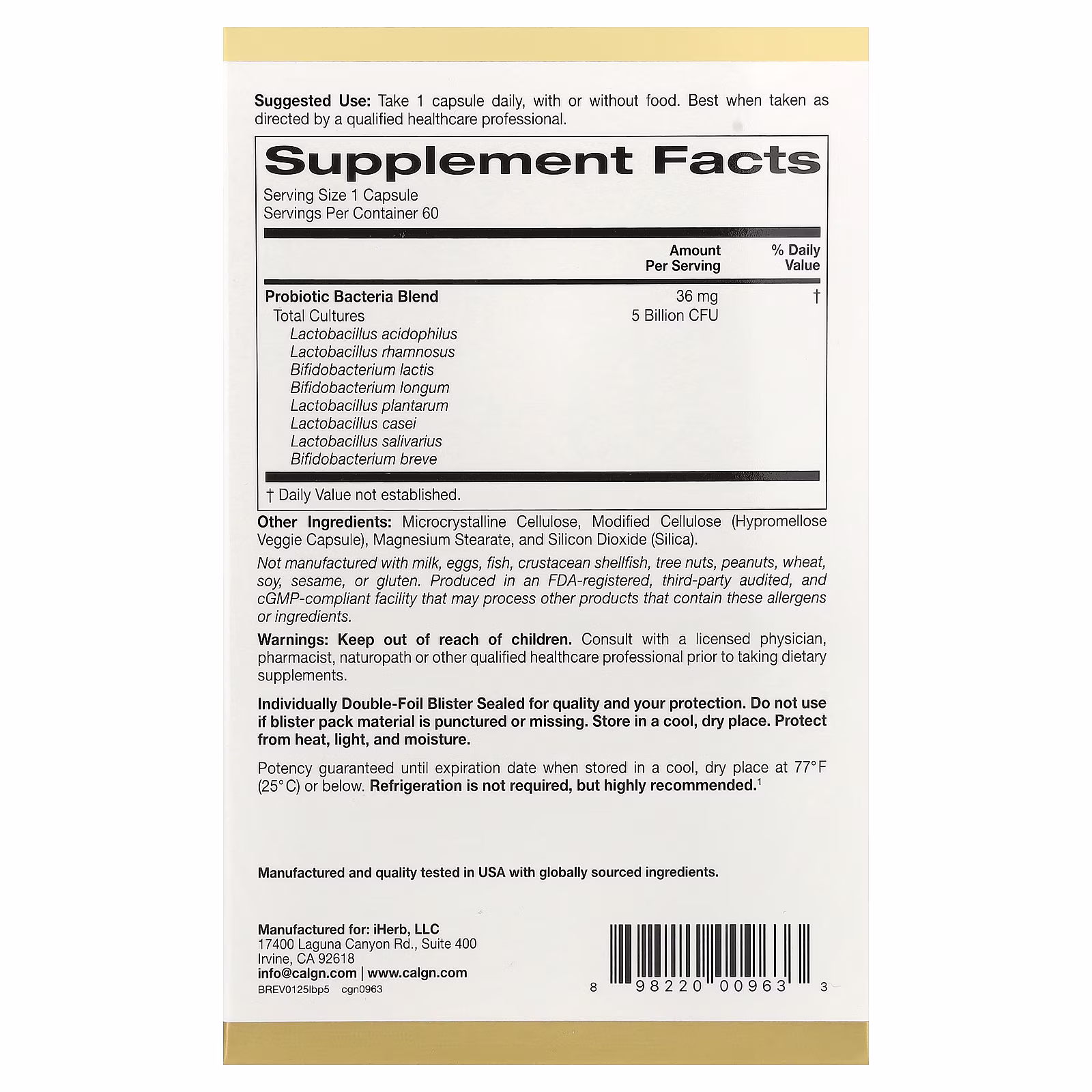 LactoBif® 5 Probiotics, 5000 millones de UFC, 60 cápsulas vegetales, California Gold Nutrition