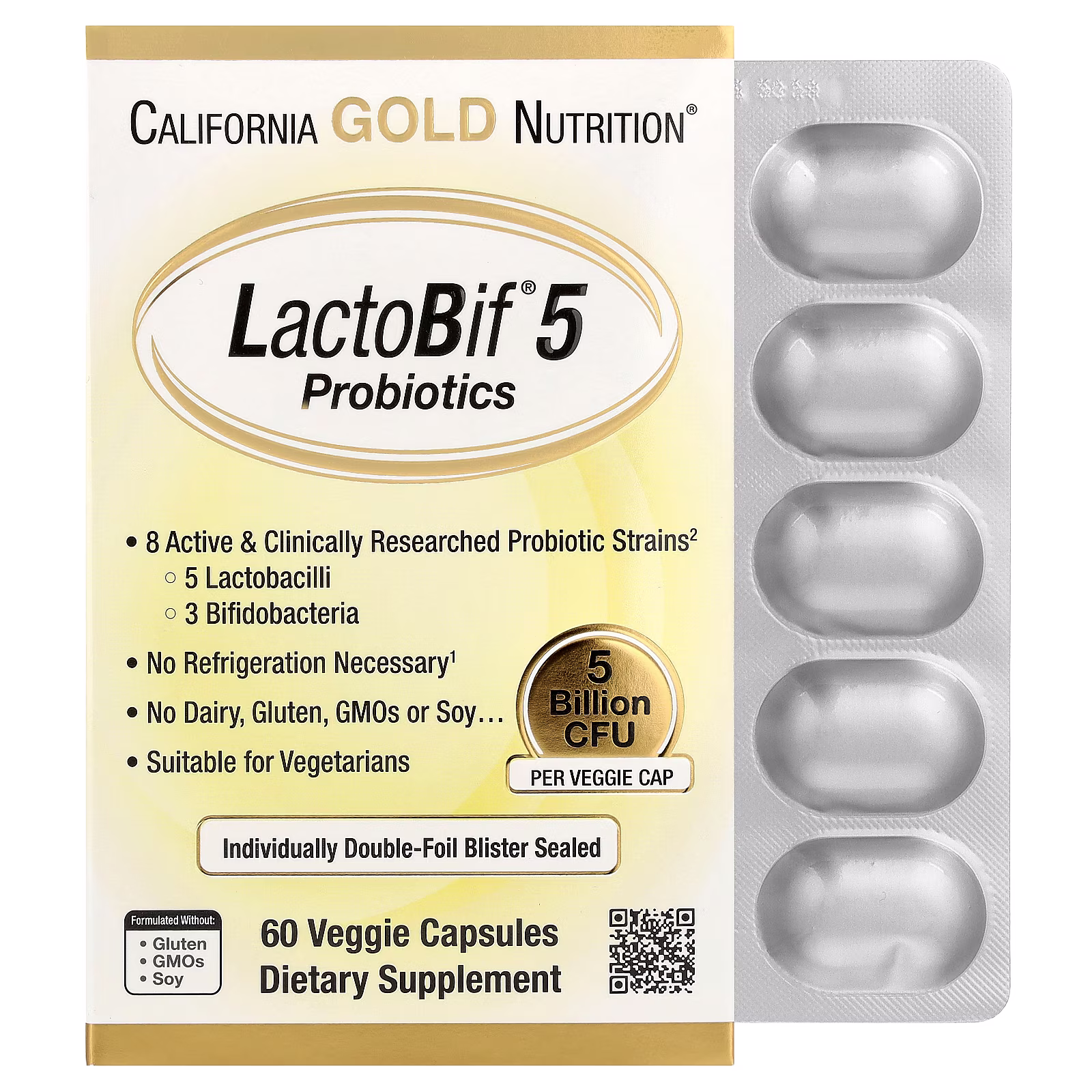 LactoBif® 5 Probiotics, 5000 millones de UFC, 60 cápsulas vegetales, California Gold Nutrition