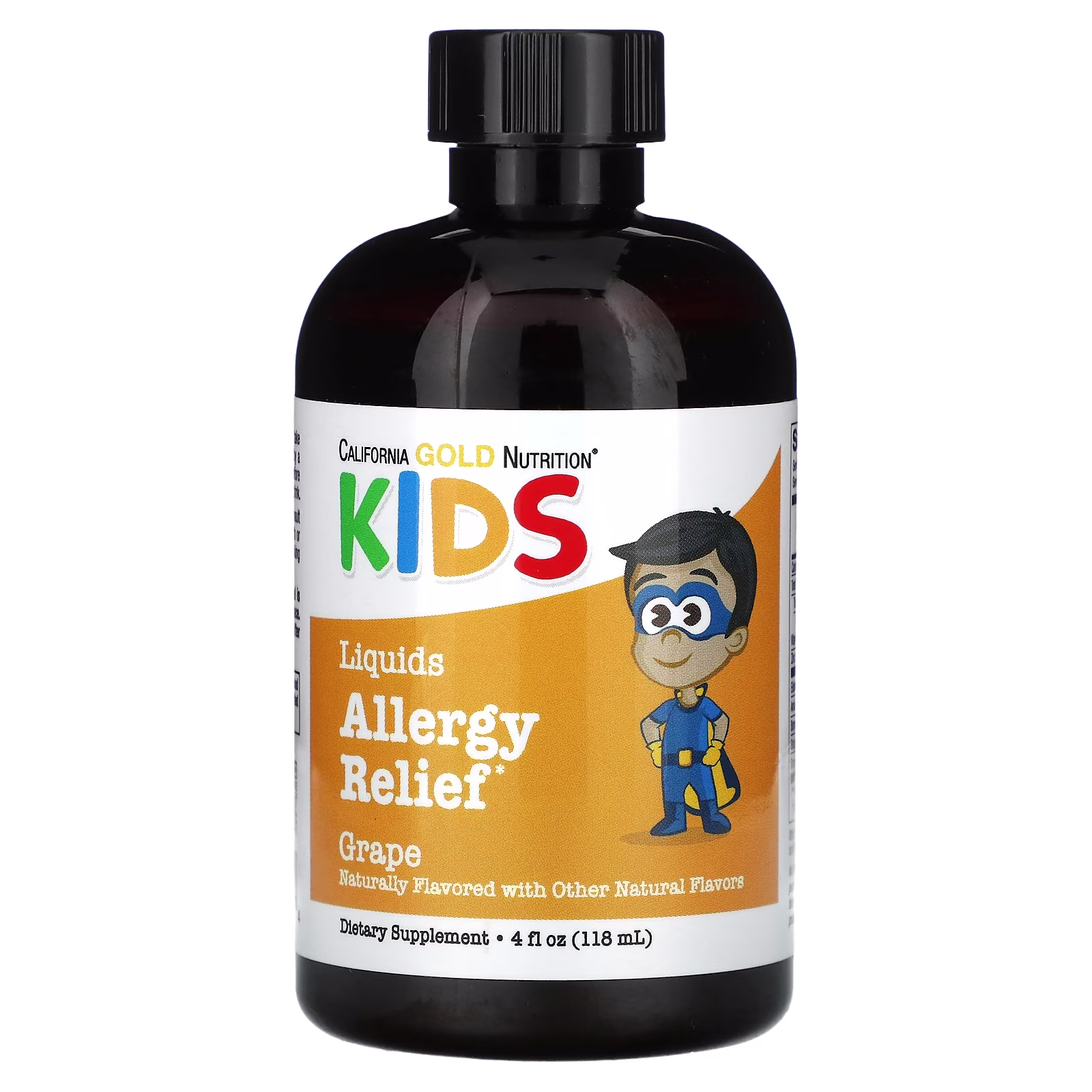 Suplemento líquido para aliviar la alergia de los niños con extracto de saúco, vitamina C, grosellero de la India en polvo y bromelaína, Sin alcohol, Uva, 118 ml (4 oz. líq.), California Gold Nutrition