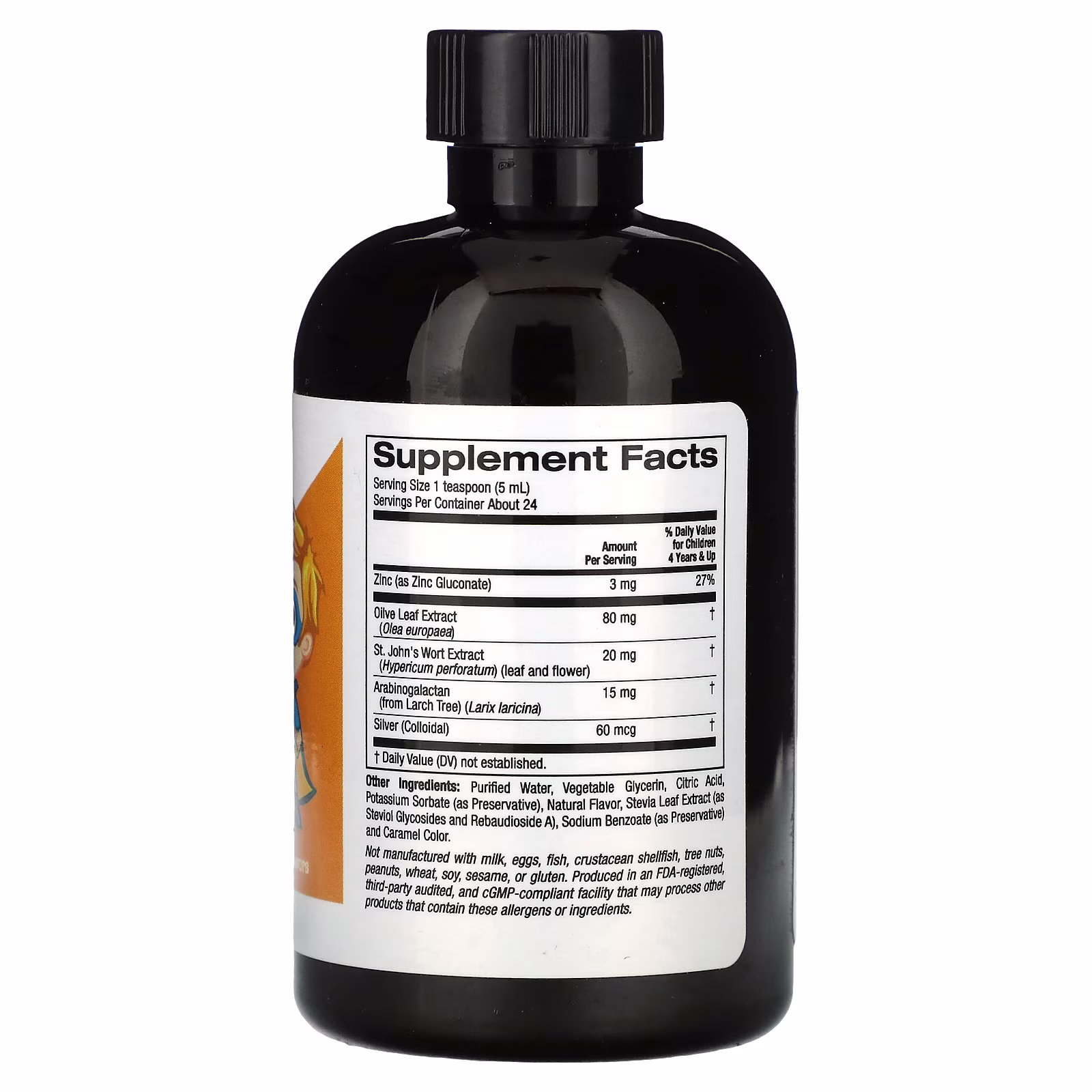 Mezcla líquida para favorecer el sistema inmunitario con extracto de hoja de olivo, extracto de hierba de San Juan y plata coloidal para niños, Sin alcohol, Naranja, 118 ml (4 oz. líq.), California Gold Nutrition