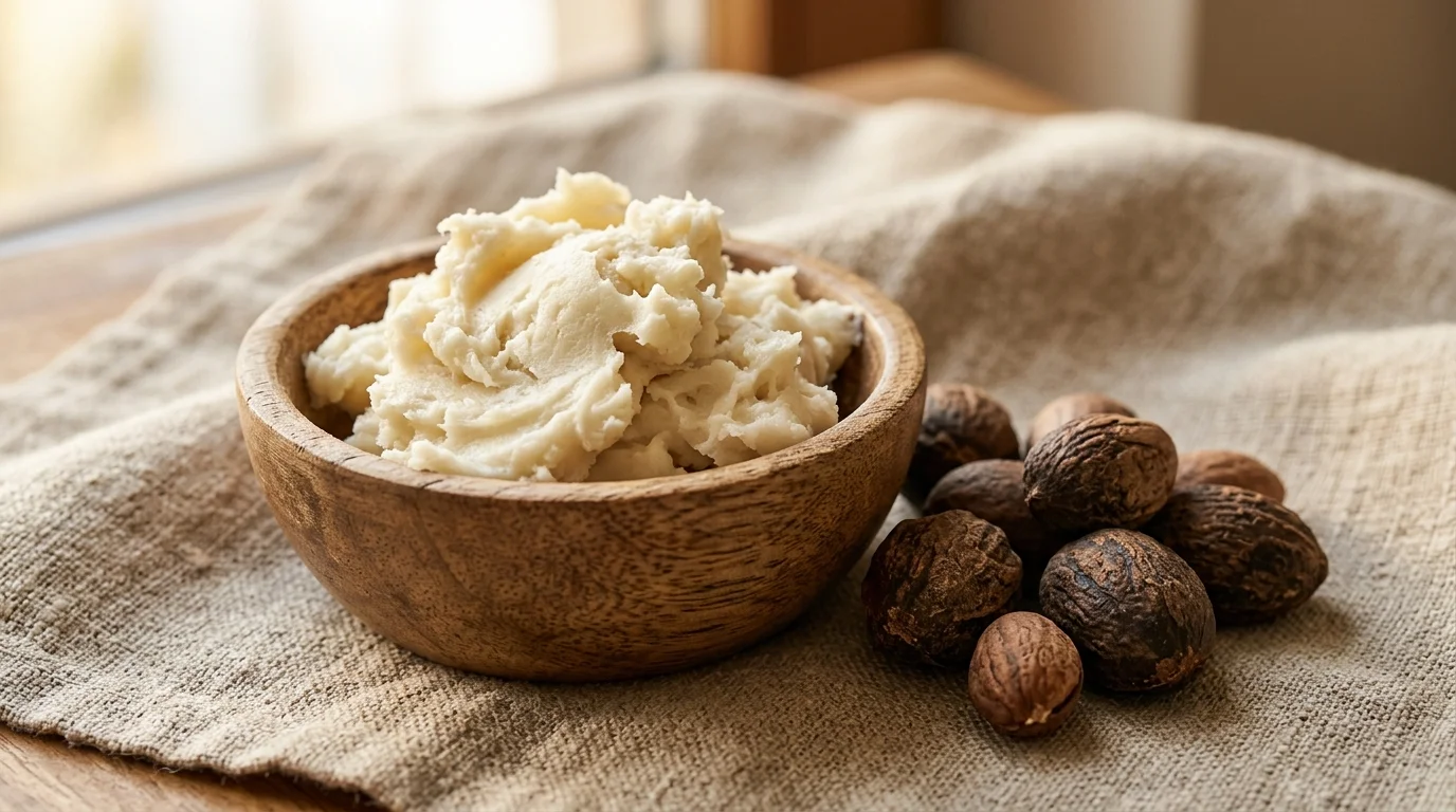 Manteca de karité cruda en un cuenco junto a nueces de karité